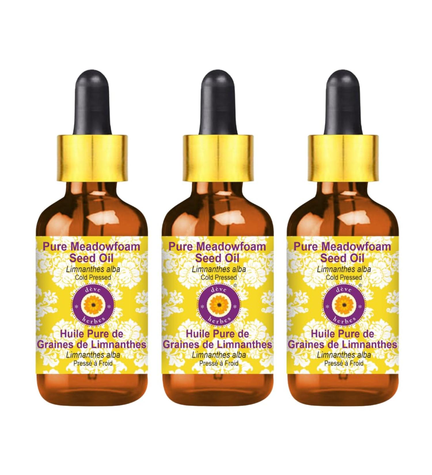Deve Herbes Pure Meadowfoam Seed Oil (Limnanthes alba) with Glass Dropper Cold Pressed (Pack of Three)100ml X 3 (10 oz) - Buy Online on GoSupps.com