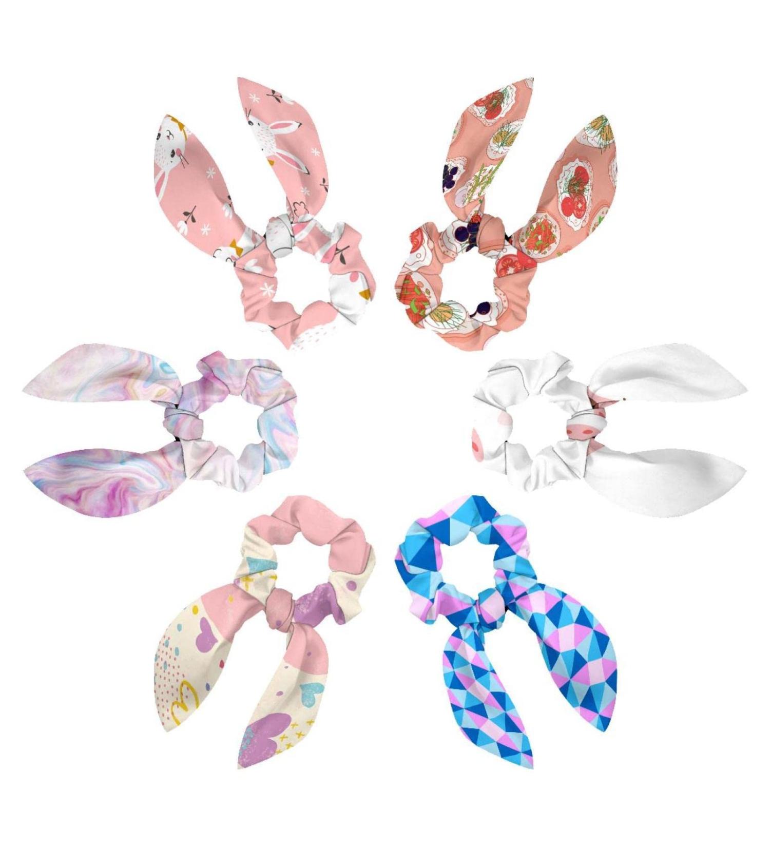 Bowknot Scrunchies 6-Pack with Rabbit Ear Design on Pink Background - Hair Ties for Thick Hair - Multi-colored Soft Scarves Hair Accessories - Buy Online on GoSupps.com