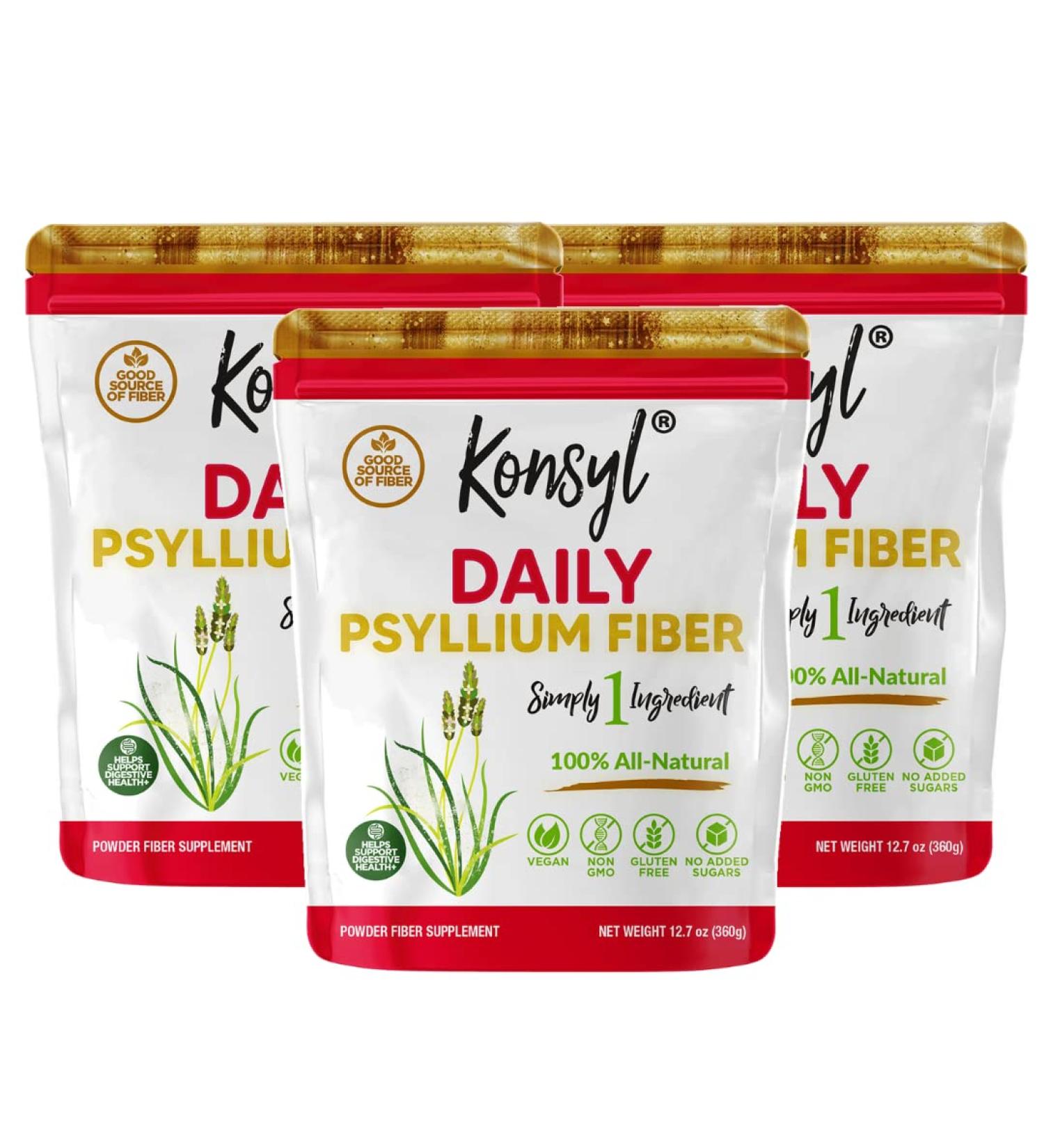 Konsyl Daily Psyllium Fiber 3 Pack 360g Gusset Bag Gluten Free Non GMO Keto Friendly Unflavored Easy Mixing Fiber