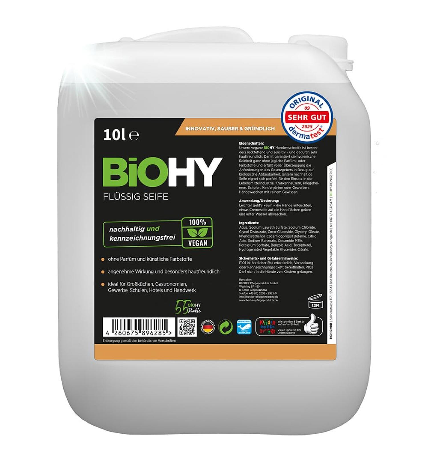  BIOHY BiOHY Liquid Soap (10 Liter Canister) | Skin-friendly moisturizing & liquid hand soap | PHOSPHATE-FREE | Odorless hygiene | Also suitable for the face | Without perfume & dyes - Buy Online on GoSupps.com
