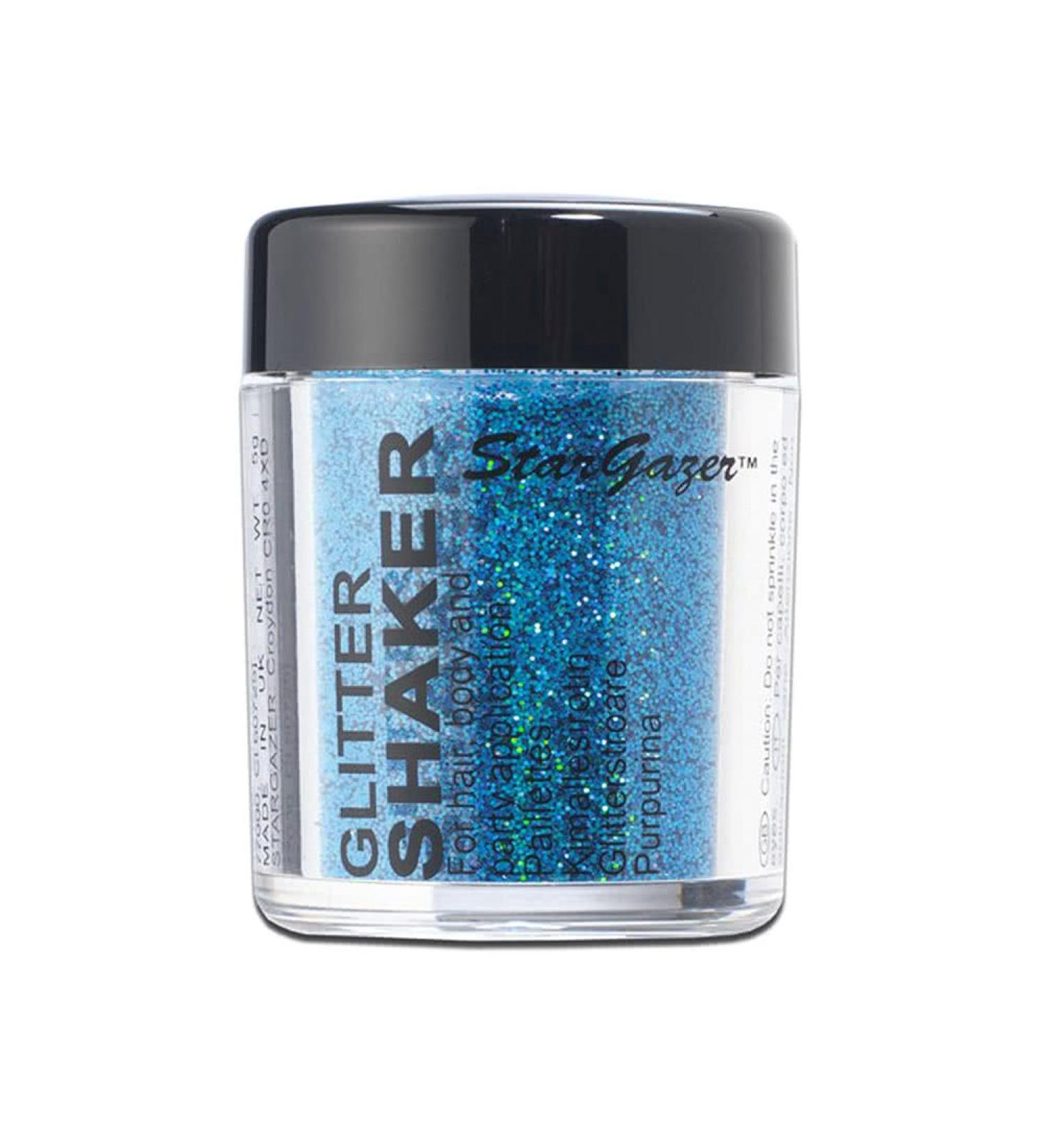Stargazer Starlight Glitter Shaker Blue Halo. Cosmetic glitter powder for use on the eyes lips face body hair and nails.