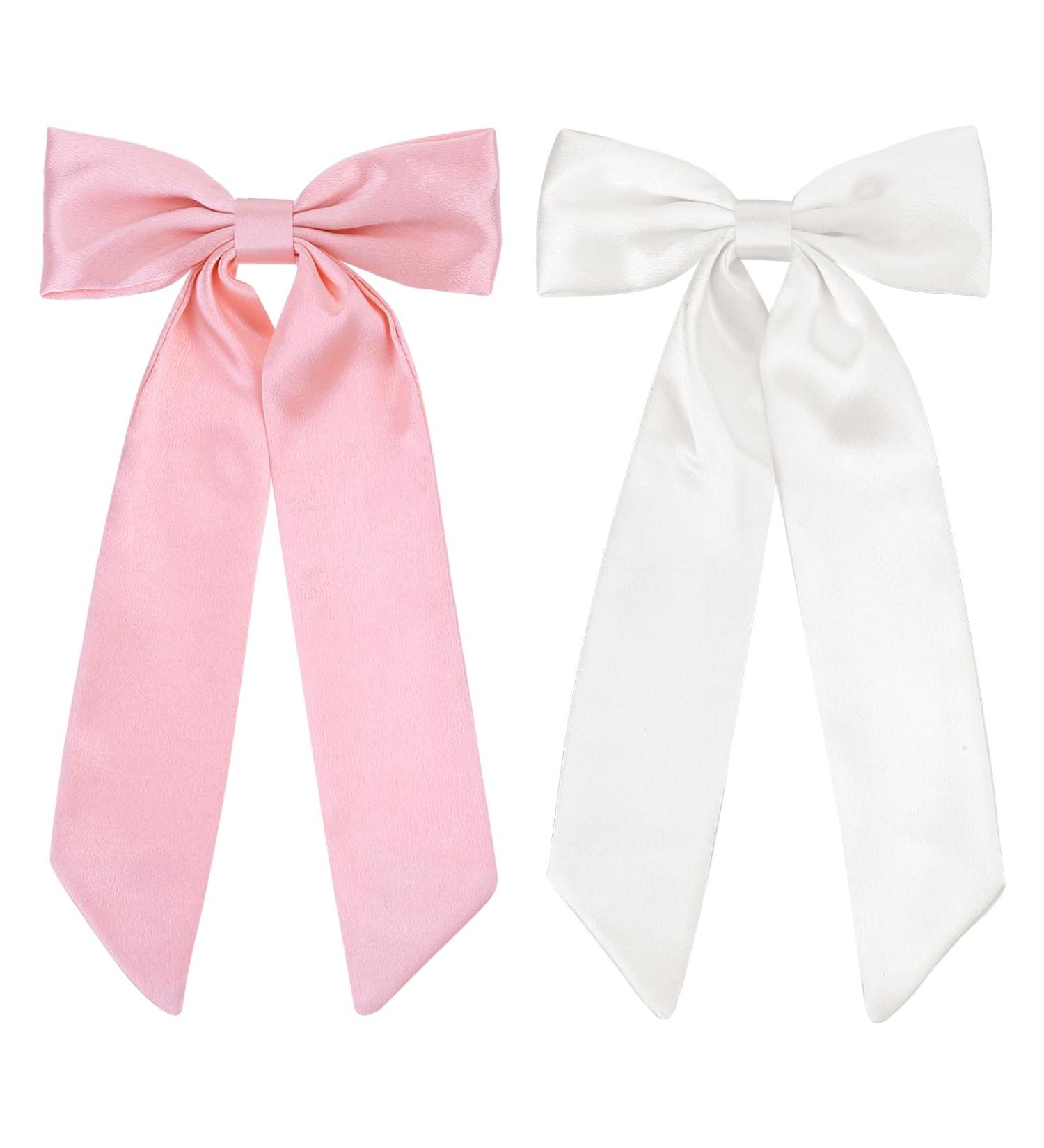 2 PCS Big Bow Hair Clips Soft Bowknot Hair Pins French Long Tail Barrettes Ponytail Holder Slides Metal Headpieces Vintage Headwear for Women Girls - White & Pink - Buy Online on GoSupps.com