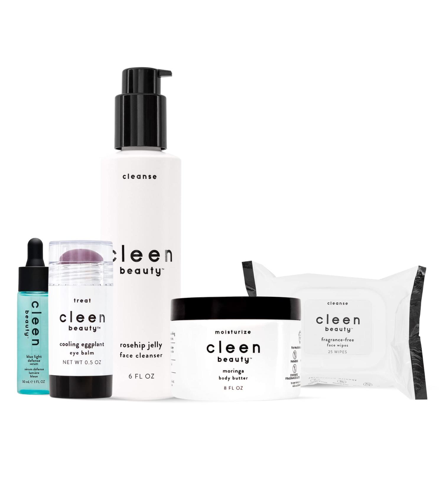 Cleen Beauty Everyday Essentials Set | Blue Light Defense Serum, Eye Balm, Face Cleanser, Face Wipes, Body Butter | Cruelty Free - Buy Online on GoSupps.com