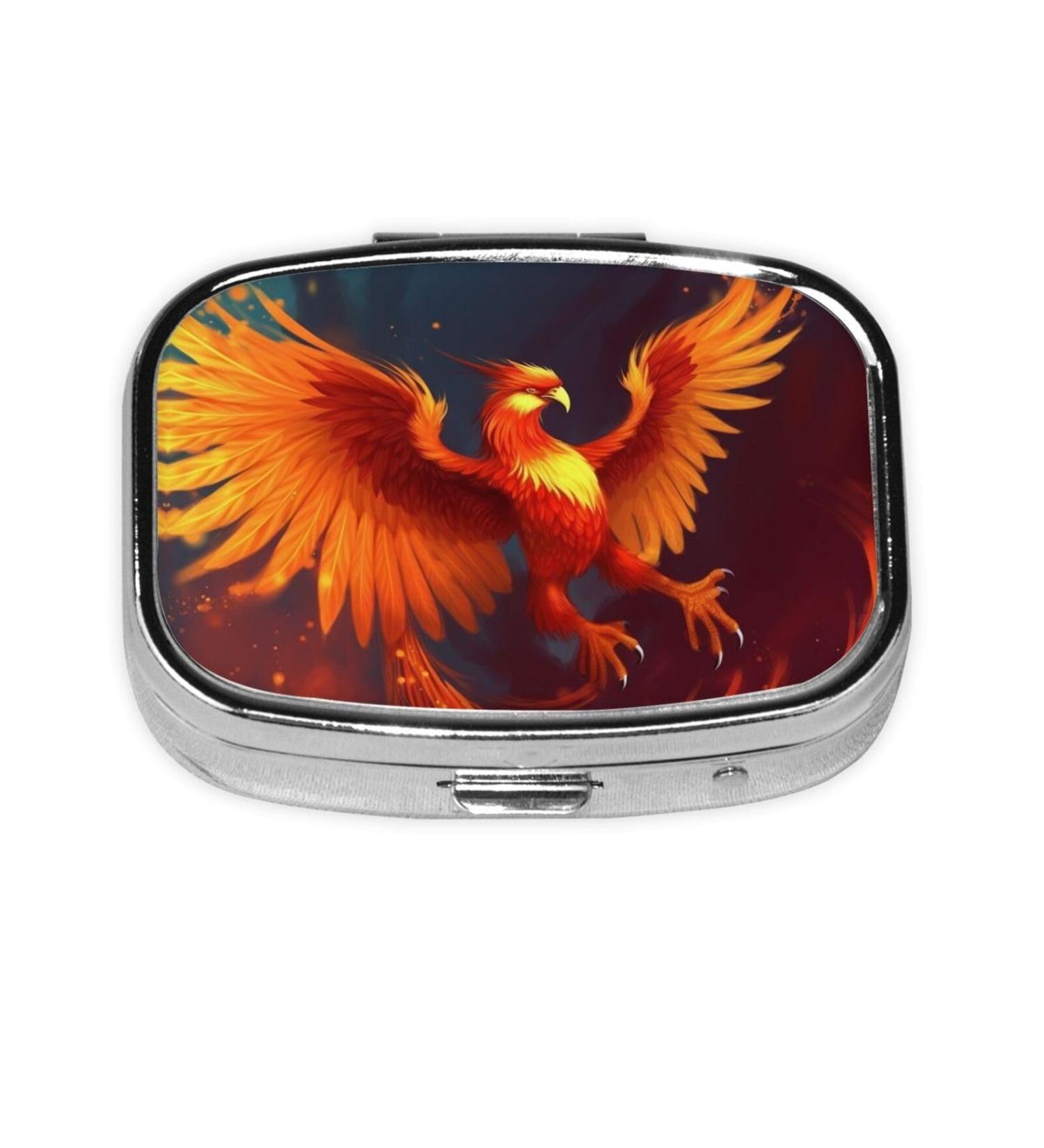 Orange Red Phoenix Printing 2 Compartment Pill Case | Cute Travel Pill Box Organizer for Pocket & Purse Gifts - Buy Online on GoSupps.com