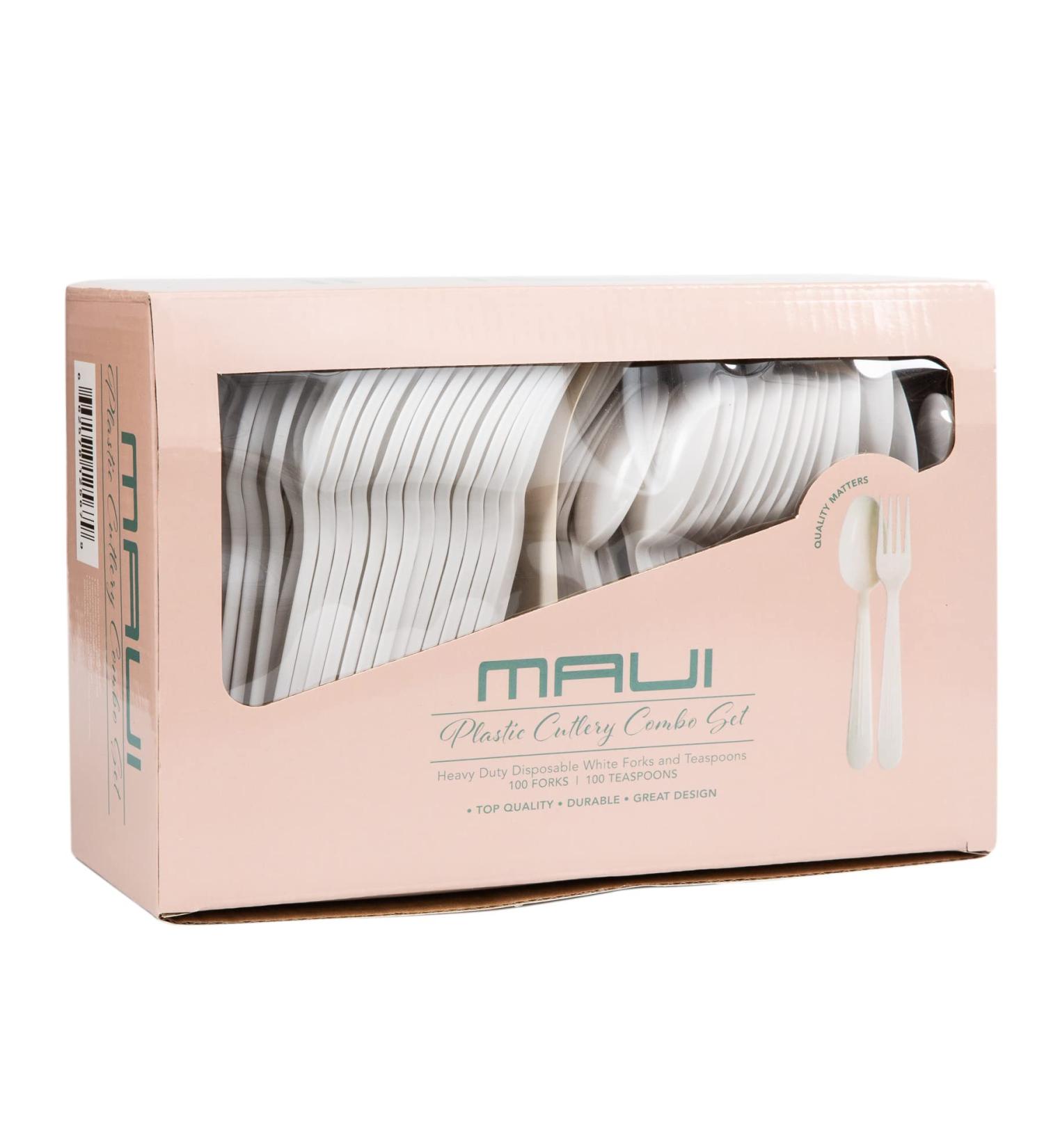 MAUI Plastic Cutlery Combo Set - 100 Forks and 100 Spoons - Heavy Duty Disposable Utensils for Gathering and Parties - Super Heavyweight, Ideal for Soup and Dining - Buy Online on GoSupps.com