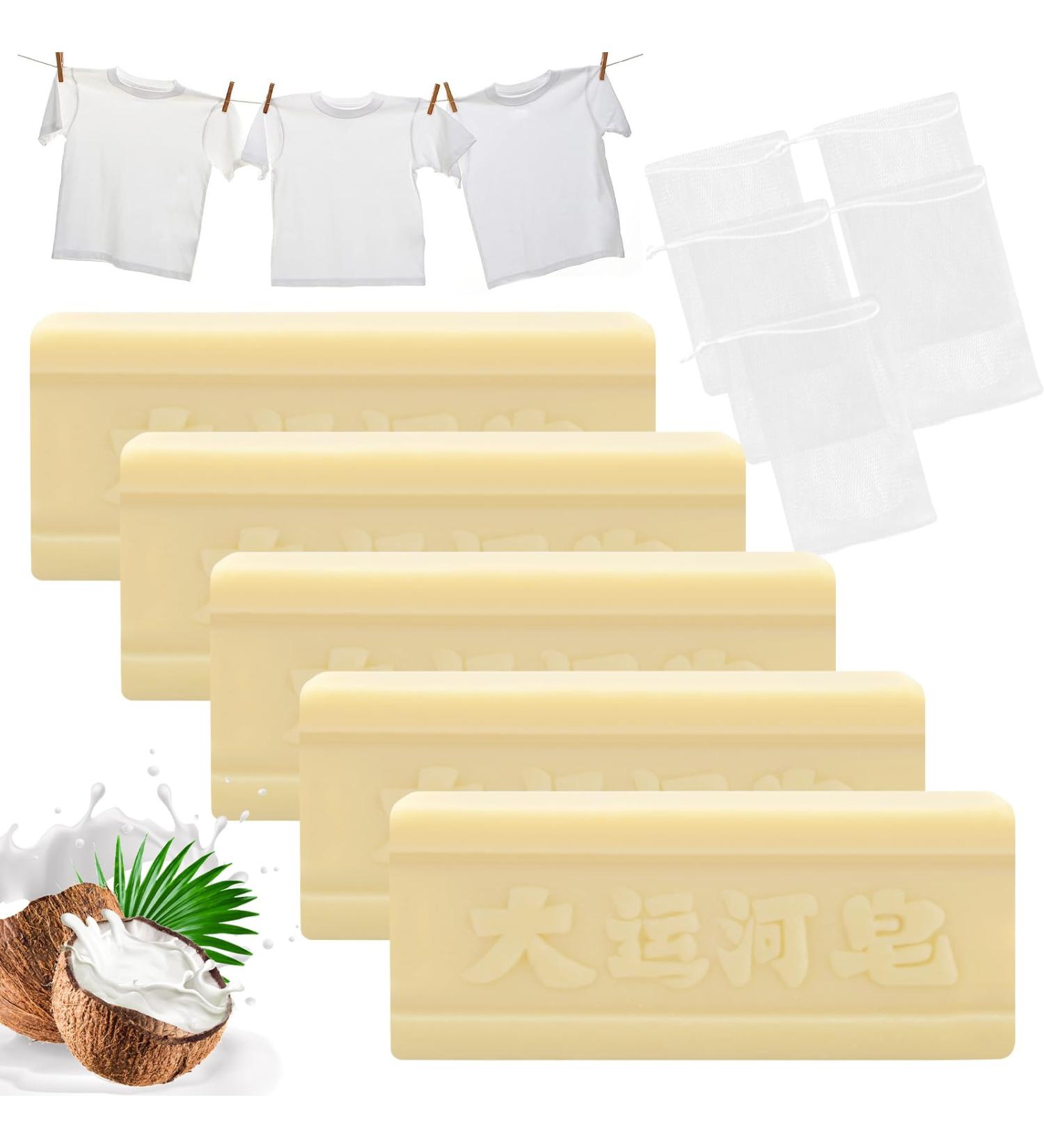 Grand Canal Soap 5PCS Laundry Soap Bar Powerful Stain Remover Underwear Cleaning Soap Gentle Natural Cleaning Soap Bars with 5 Drawstring Soap Bubble Mesh Bags for All Clothing - Buy Online on GoSupps.com