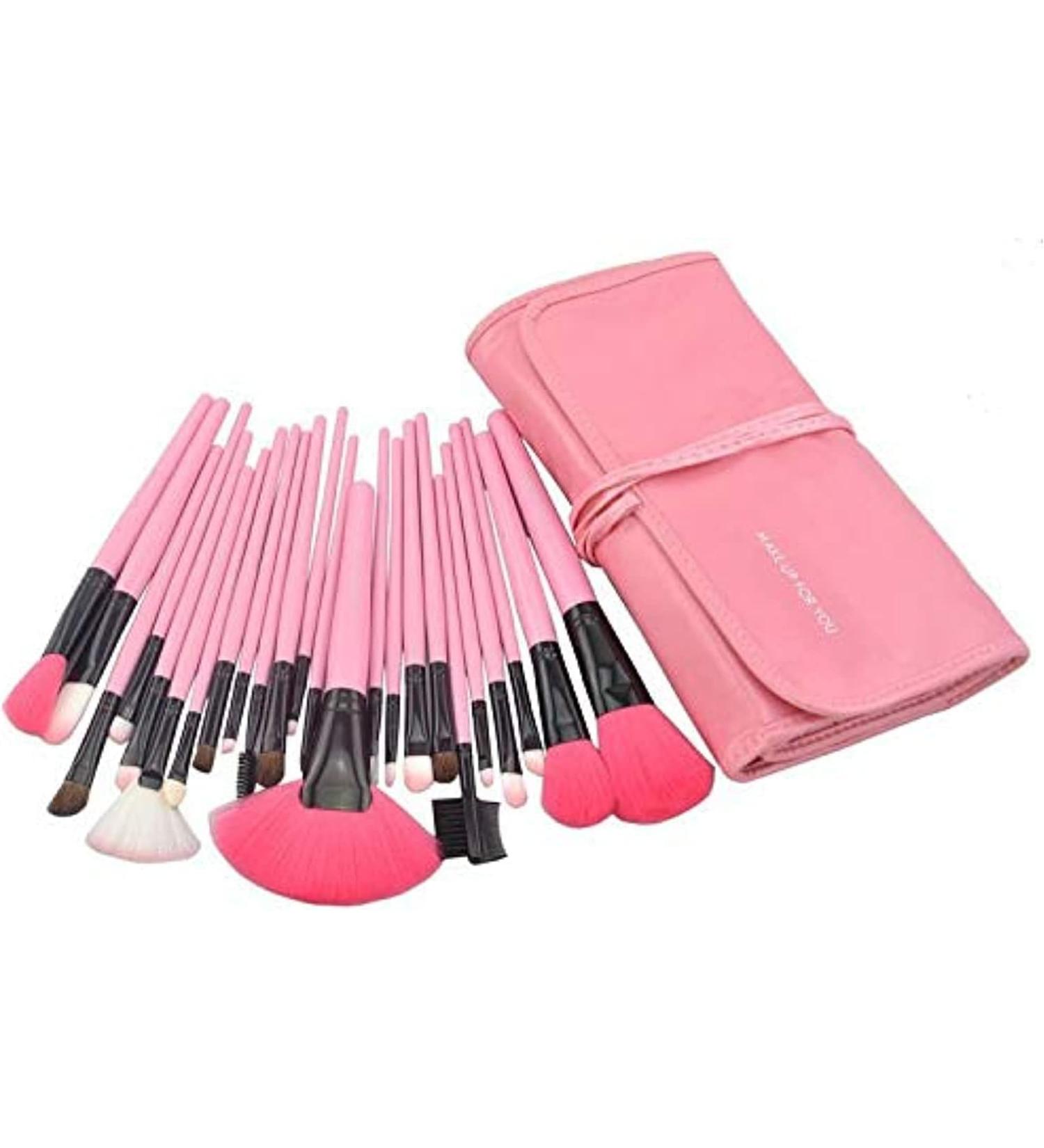 Professional Makeup Brush Set - 24 Piece Cosmetic Brushes Kit with Pink Folding PU Leather Bag for Flawless Application - Buy Online on GoSupps.com