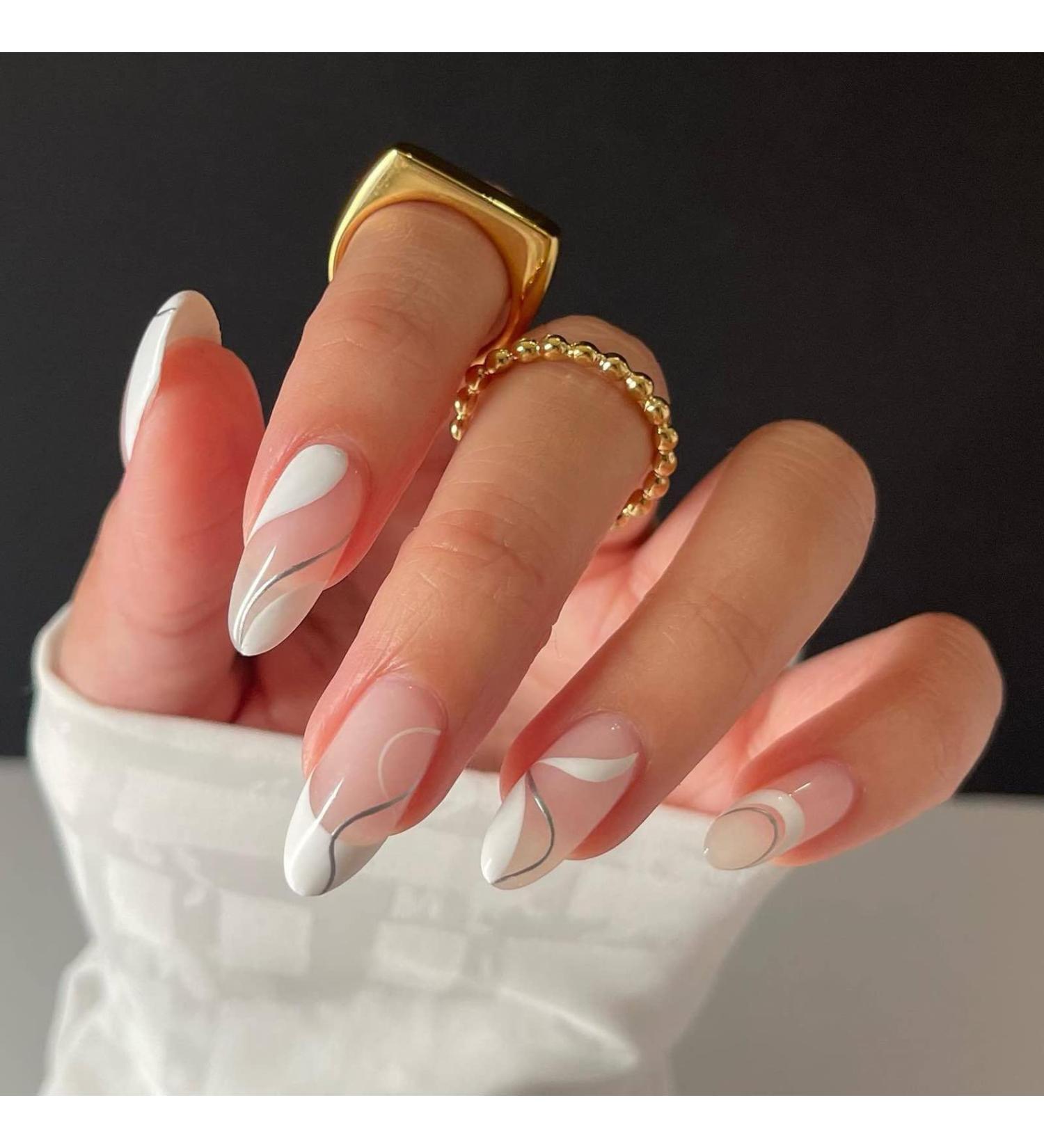 Justotry 24 Pieces Swirl Stiletto & French Artificial Nails | Press-On Acrylic Nails for Women - Short Nude Almond Design - Buy Online on GoSupps.com