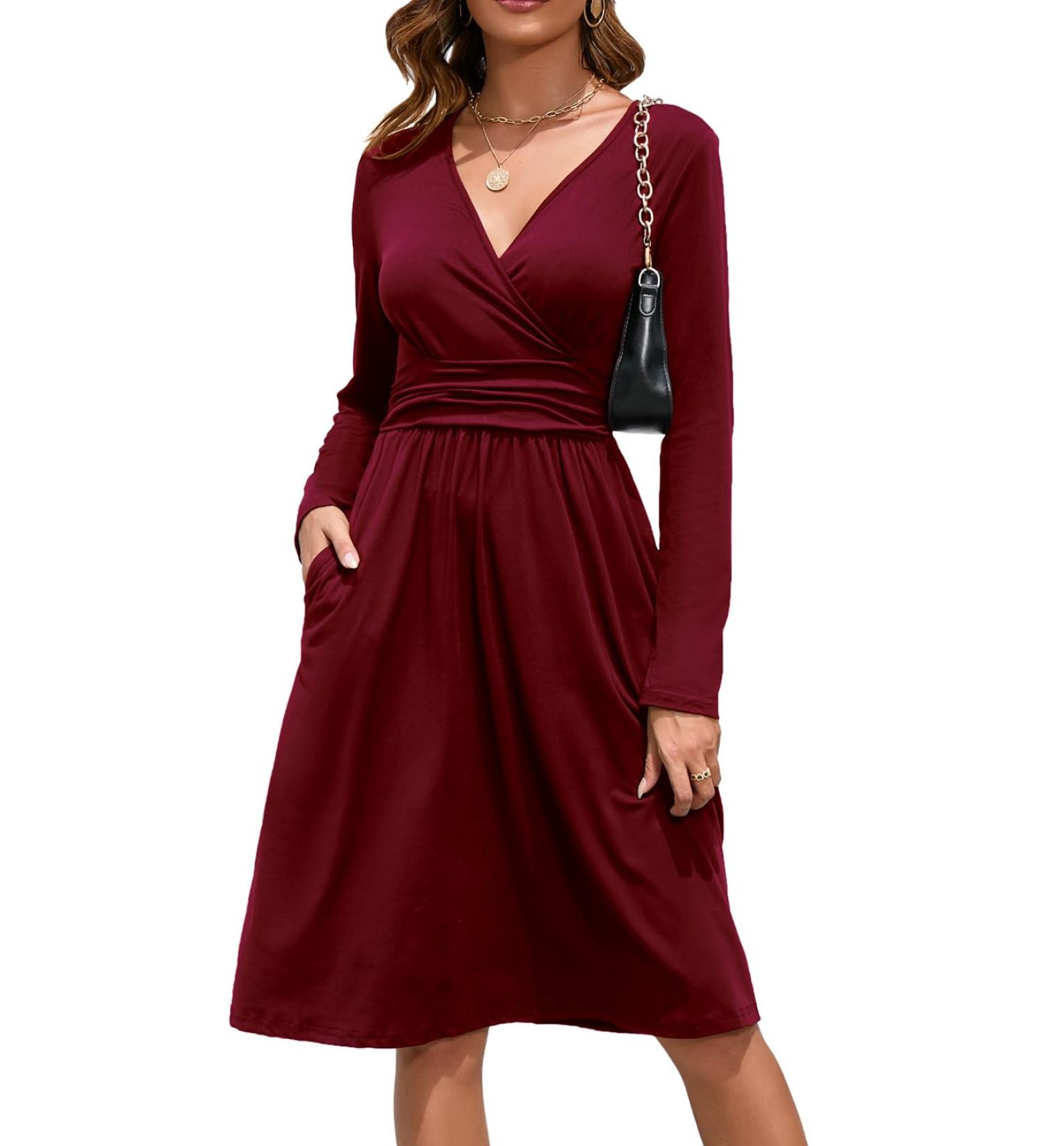 OUGES Women's Spring Casual Midi Dress | Long Sleeve V-Neck Floral Wrap Dress with Pockets - Buy Online on GoSupps.com