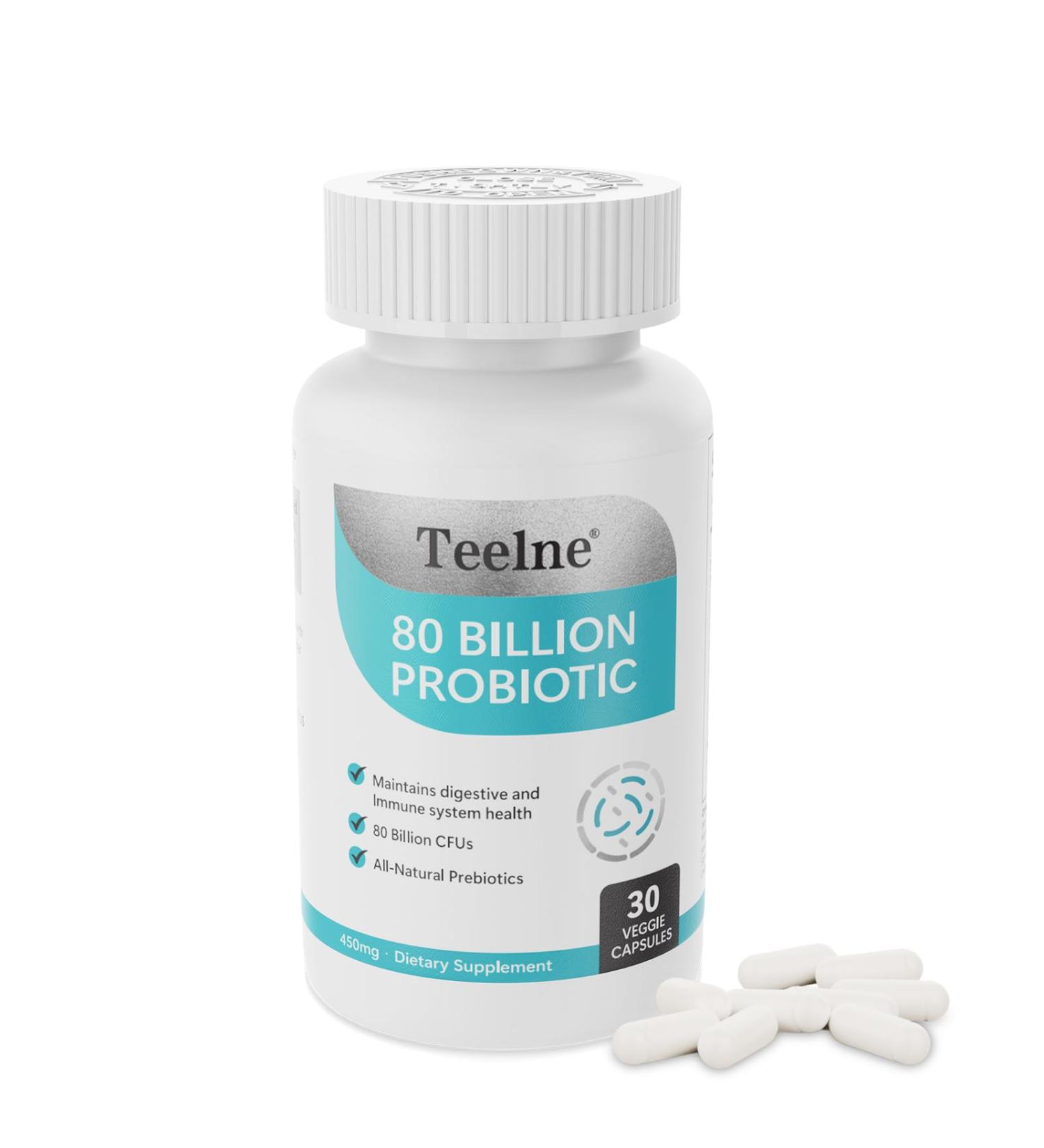 Teelne Probiotics 80 Billion CFU - 10 strains, Prebiotic+ Probiotics Support Digestive & Gut Health, Bloating & Constipation Relief, 30 Capsules (30-Day Supply) - Buy Online on GoSupps.com