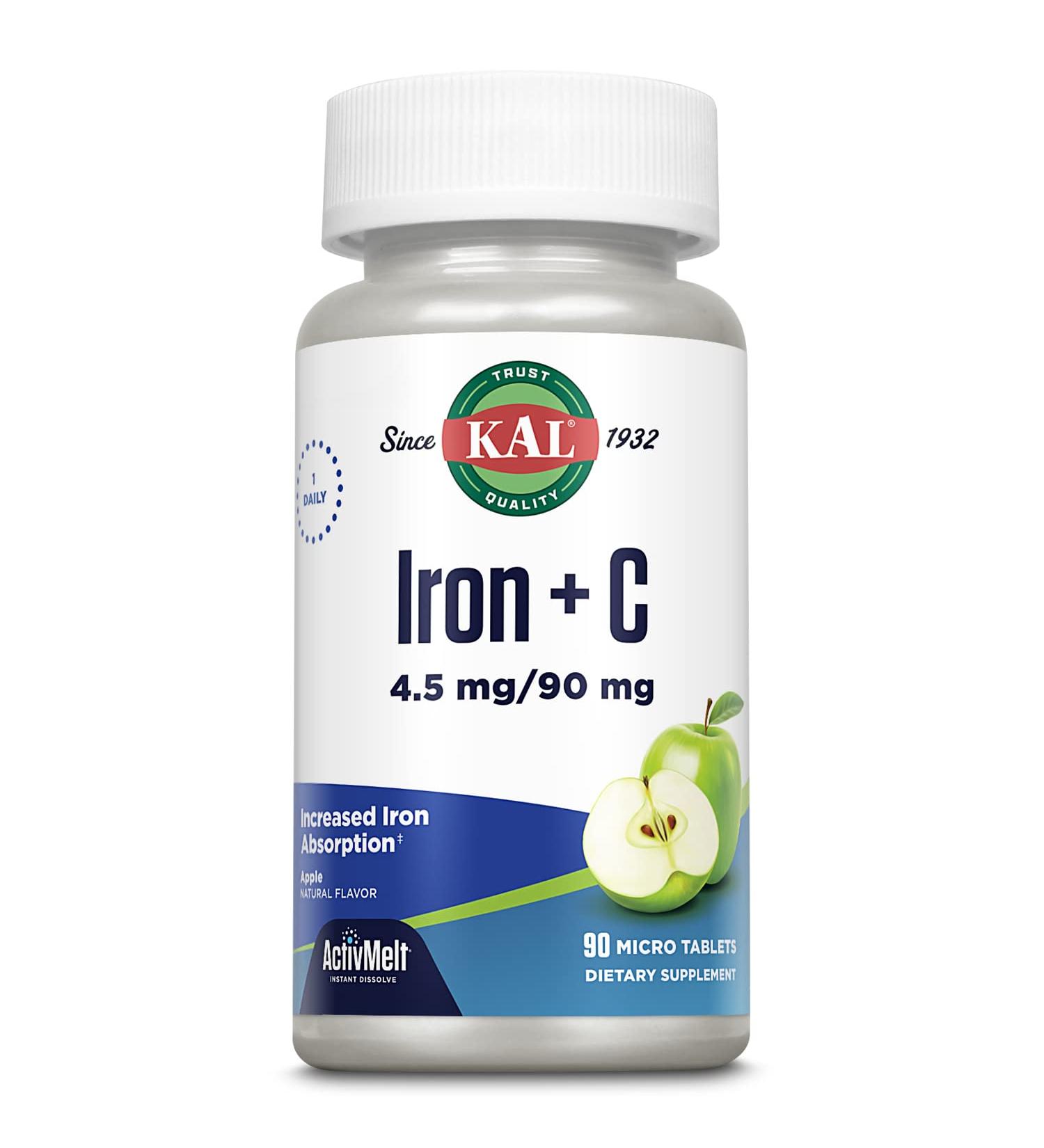 KAL Iron Plus C Instant Dissolve Supplement - Natural Apple Flavor | 90 Micro Tablets | Increased Absorption Iron Pills | GMP Certified | 60-Day Money Back Guarantee - Buy Online on GoSupps.com