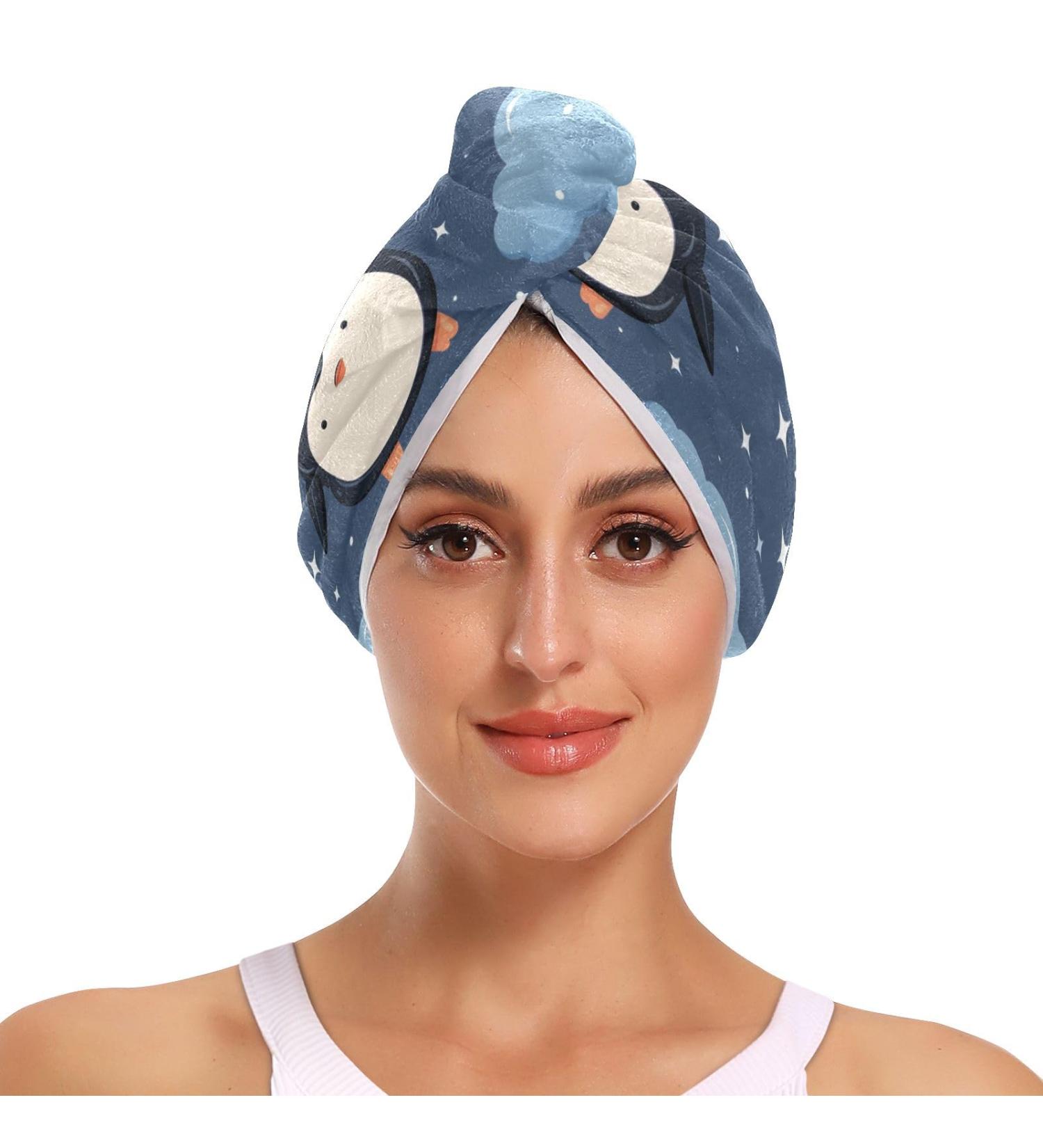Penguins Stars Clouds Hair Towel 2 Pack - Super Absorbent Quick Dry Hair Turbans for Women & Girls - Buy Online on GoSupps.com