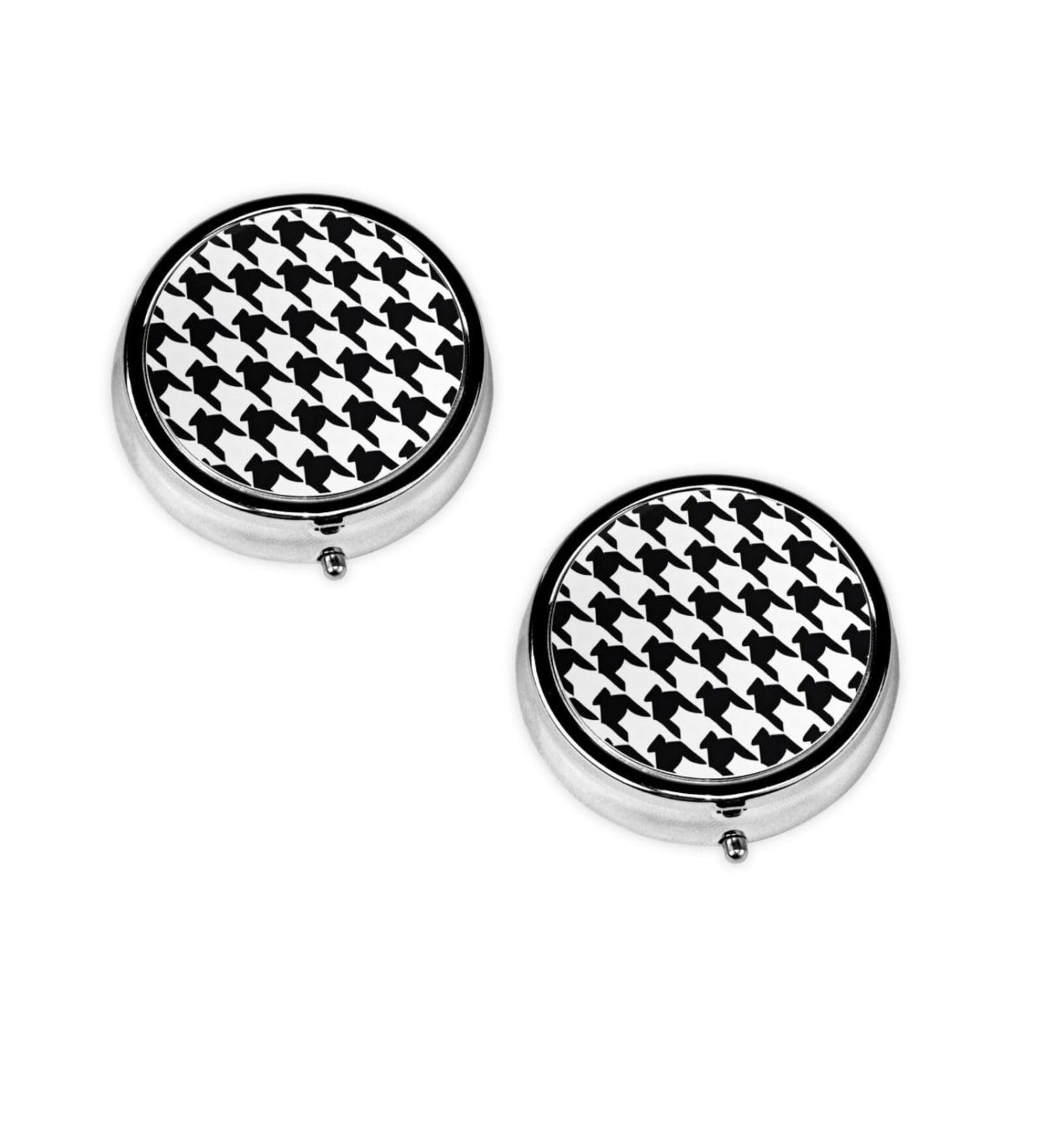 Houndstooth Black Mini Round Pill Box | 3 Compartment Travel Pill Organizer | Portable Medicine Case for Home & Office - Buy Online on GoSupps.com