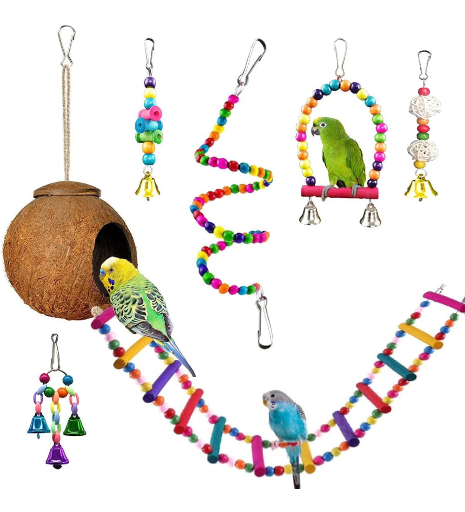 Natural Wood Coconut Bird House with Ladder & Swing Set - Bird Cage Accessories for Parakeets, Cockatiels, and Small Parrots - Buy Online on GoSupps.com