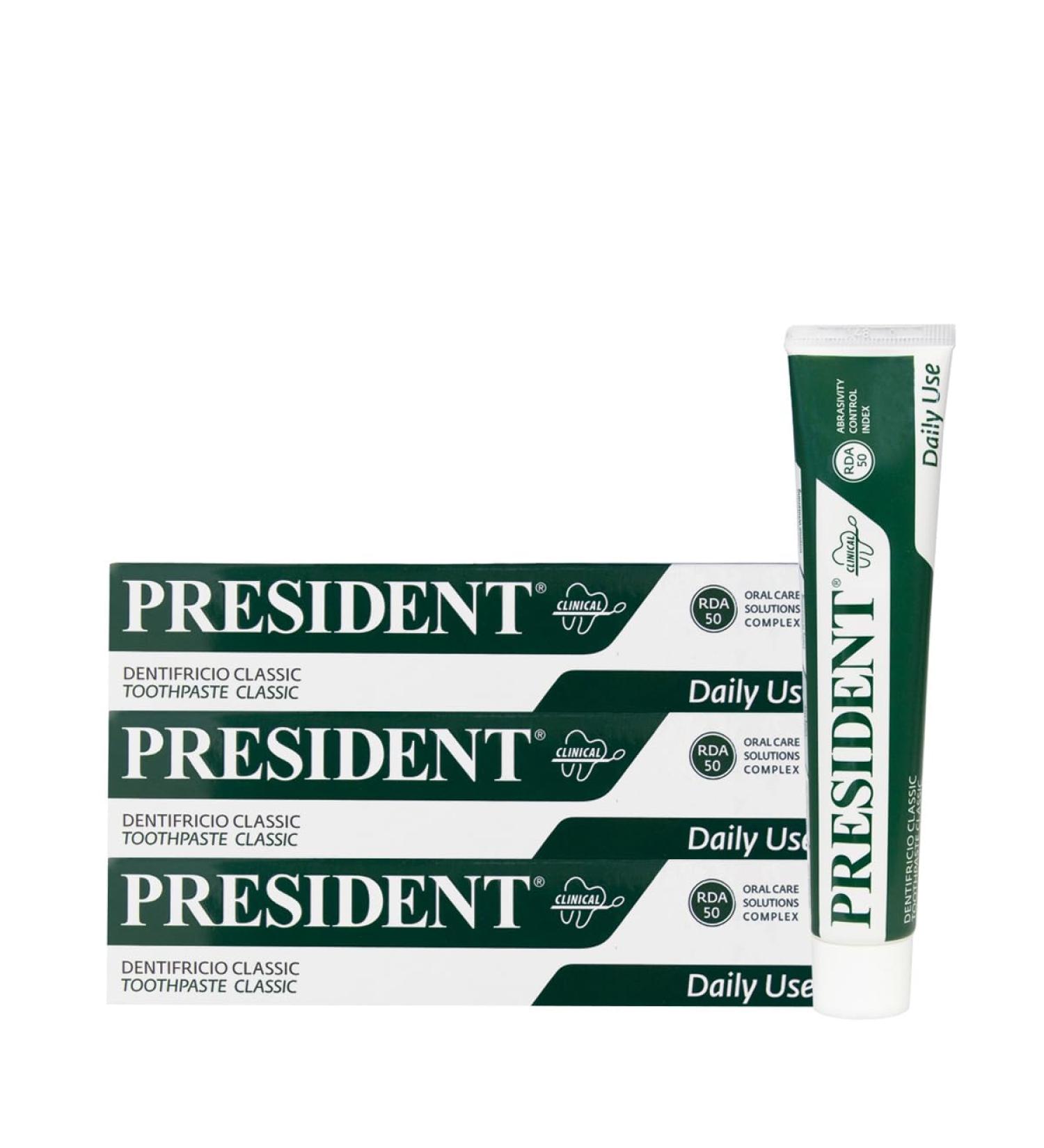  President President CLASSIC TOOTHPASTE KIT for daily use. Anti-plaque anti-decay remilling and antihalitosis. With vegetable extracts of lemon balm sage chamomile. RDA 50. 3 x 75 ml - Buy Online on GoSupps.com