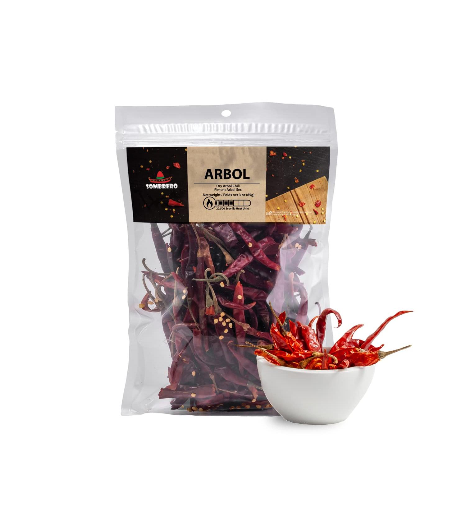 Dried Arbol Chili Peppers with Stems 85gr by Sombrero (Bird s Peak Chile de Arbol or Rat s Tail Chili). Known as Mexico s Hottest Chili!
