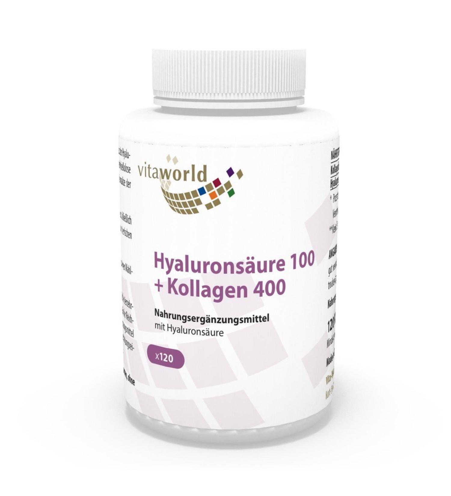 Vita World Hyaluronic Acid 100mg + Collagen 400mg 120 Capsules 100% Vegetable Biofermentation Made in Germany - Buy Online on GoSupps.com