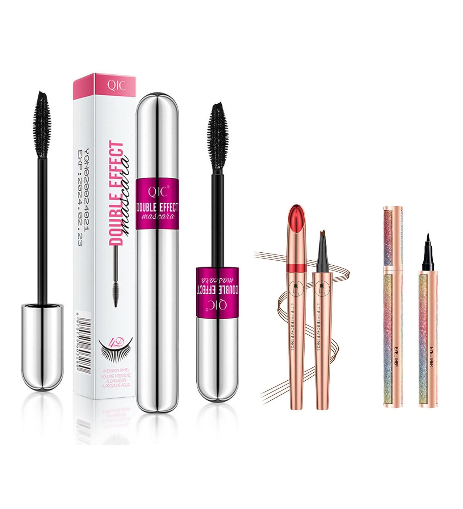 3PCS Brown 4D Silk Fiber Mascara Set - Waterproof, No Clumping, Long-Lasting - 2 in 1 Mascara, Eyeliner & Eyebrow Pencil for Natural-Looking Thickening Effect - All Day Stay - Buy Online on GoSupps.com