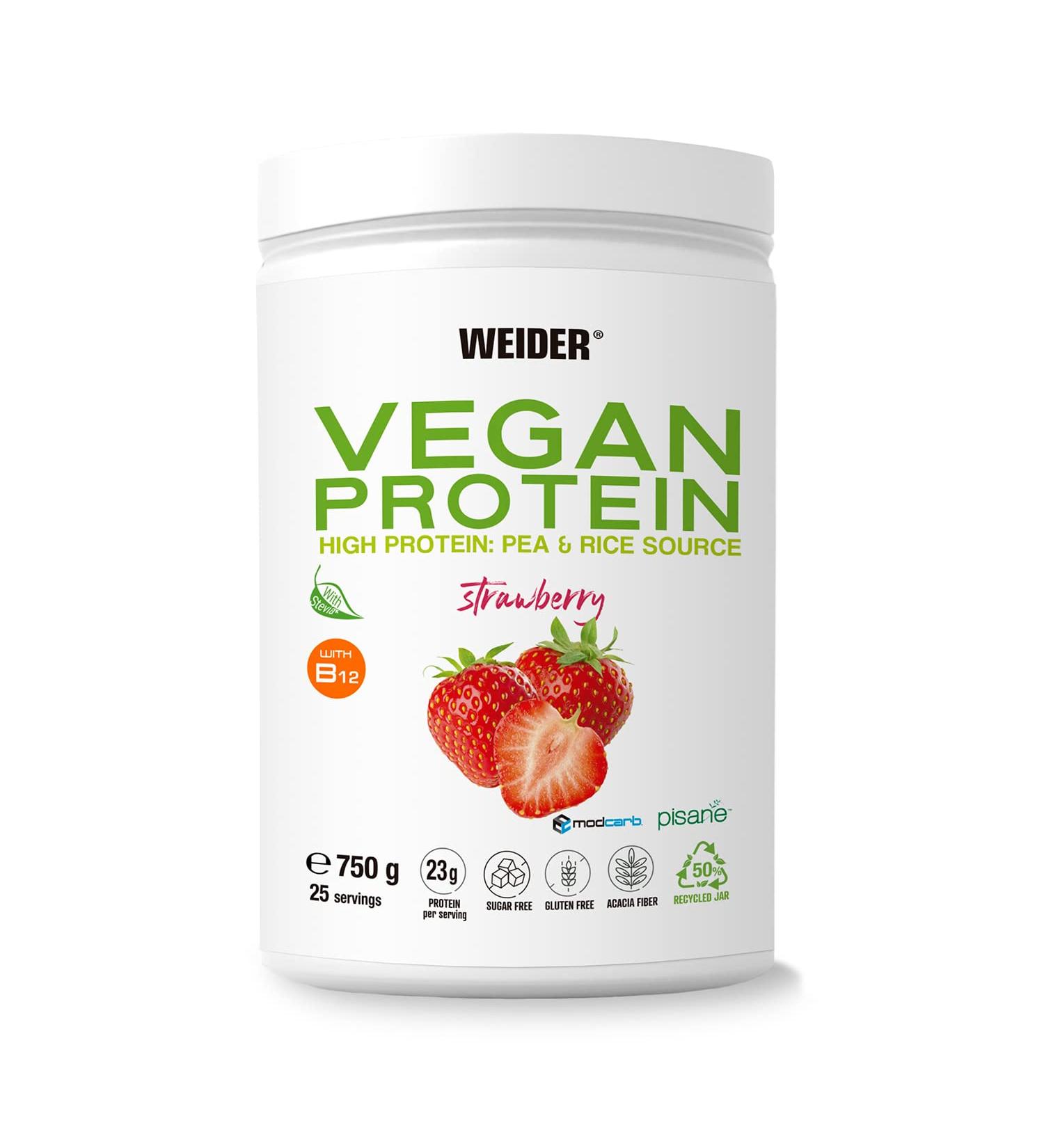 Weider Vegan Protein 750g - Strawberry Flavor 23g Protein Gluten-Free Sugar-Free Eco-Friendly Packaging - Buy Online on GoSupps.com