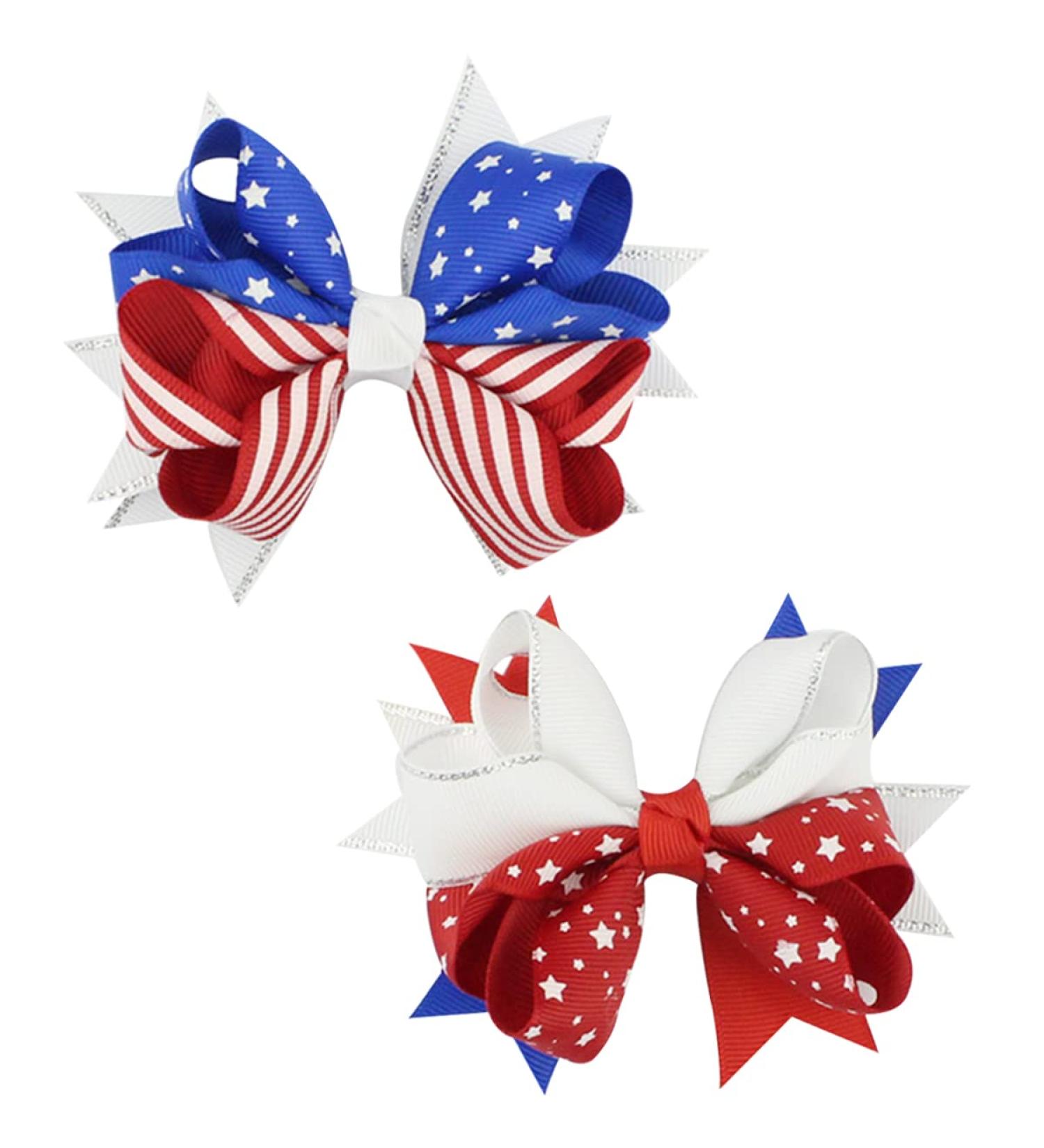 Patriotic 4th of July Hair Bow Clips with Glitter Star Detail - Independence Day Hair Accessories for Kids Girls - 2 Pack - Buy Online on GoSupps.com