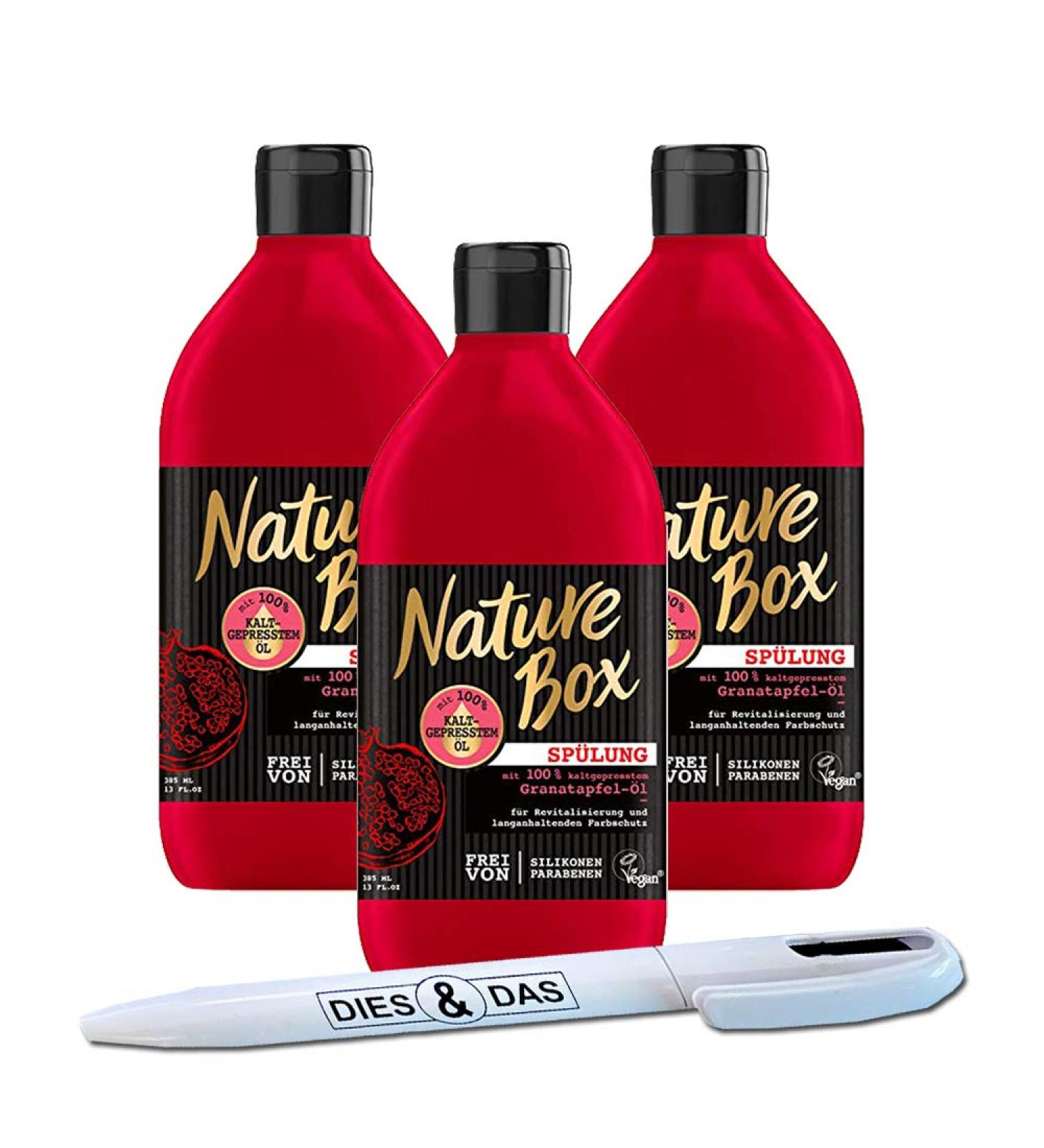 3x Nature Box conditioner with cold-pressed pomegranate oil 385ml + DIES&DAS ballpoint pen worth 2.90