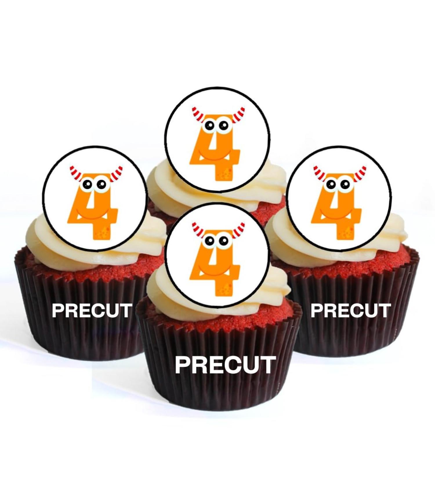 PRECUT Monster 4th Birthday Edible Cupcake Toppers - Monster Numbers Theme Premium Thickness SWEETENED VANILLA - wafer card disc cake decorations (Pack of 12) - Buy Online on GoSupps.com