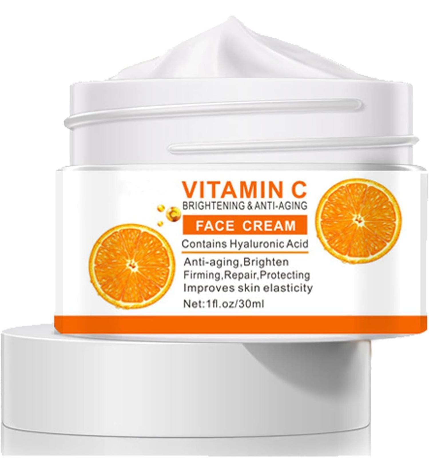 Vitamin C Face Cream with Hyaluronic Acid & Vitamin E - Anti-Ageing Day and Night Cream for Men and Women - Increases Skin Collagen Brightens Moisturises and Plumps the Skin - Buy Online on GoSupps.com