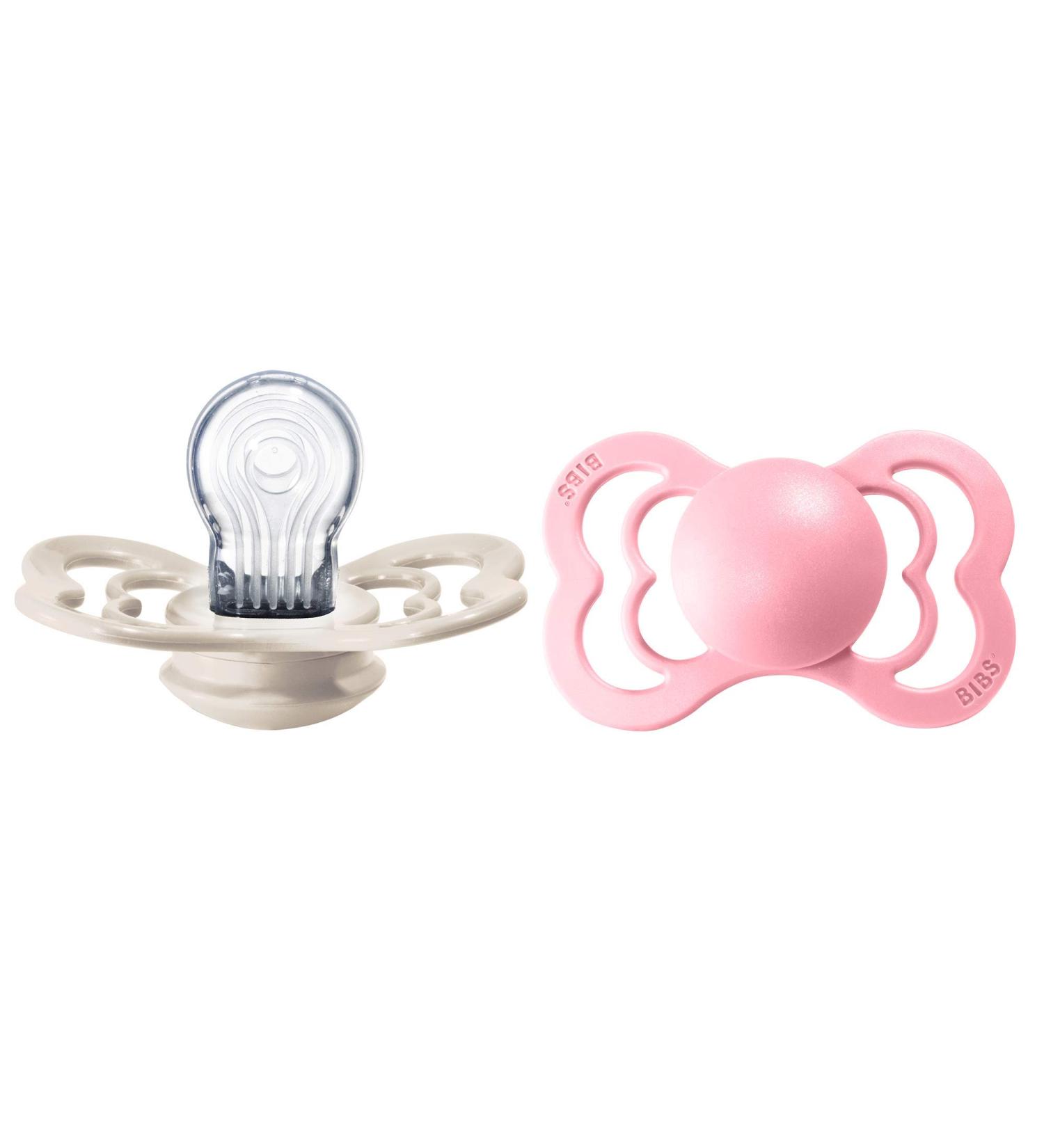 BIBS Supreme Baby Pacifier 2-Pack | Made in Denmark | BPA Free | Silicone Size 2 (6-18 Months) | Ivory/Baby Pink - Buy Online on GoSupps.com