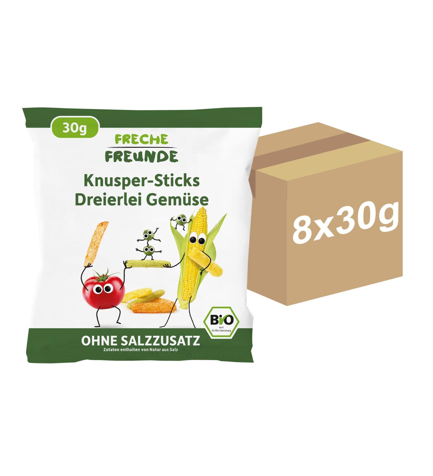 Freche Freunde Organic Crunchy Sticks - Three Vegetables Snack for Kids & Babies (12+ Months) - No Added Salt - Pack of 8 (8x30g) - Buy Online on GoSupps.com