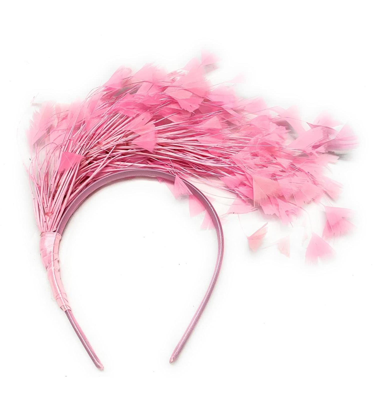 Full Feather Large Fascinator on Headband for Weddings and Races Alice Hair Band (Baby Pink)