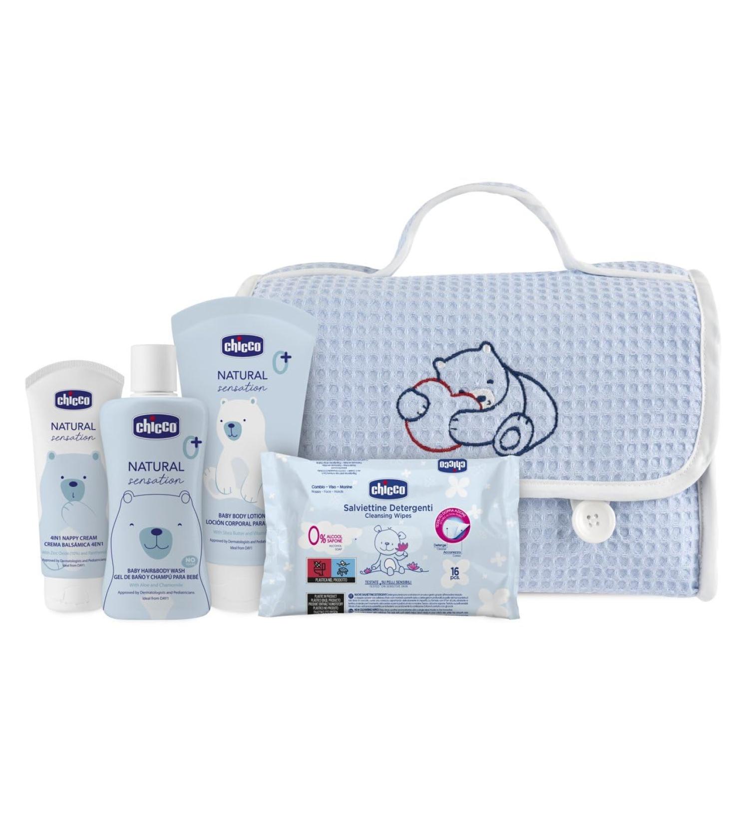 CHICCO NATURAL FEEL - Blue grow bag contains 1 foam and body bath - Tearless 200ml 1 body lotion 150ml 1 4-in-1 wrap cream 100ml 1 cleaning cloth - Buy Online on GoSupps.com