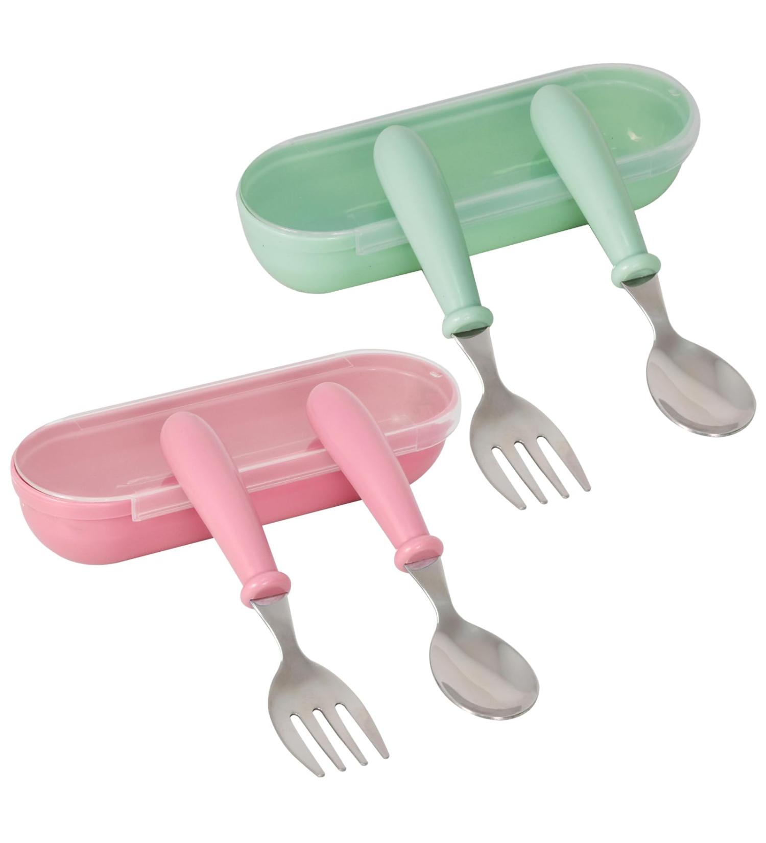 Colexy Toddler Cutlery Set - Stainless Steel Baby Fork and Spoon with Storage Box for Self Feeding | Toddler Utensils Spoon and Fork Tableware Set (Pink+Green) - Buy Online on GoSupps.com