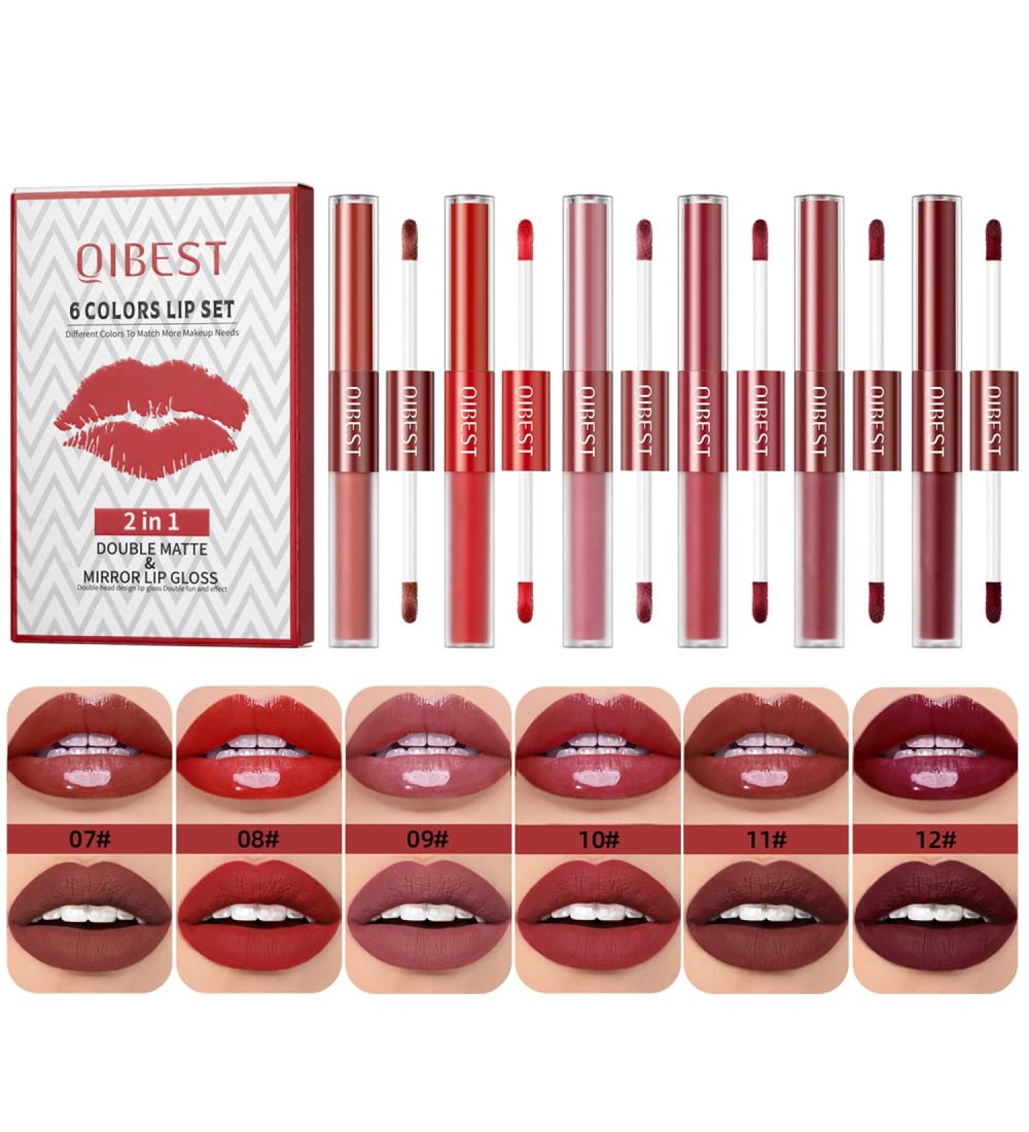 Rechoo 2in1 Lipstick Set - 6Pcs Double Brush Matt & Glossy Lip Gloss | Waterproof Long-Lasting Lip Tint in Pink & Dark Red | Perfect for Makeup (Set B) - Buy Online on GoSupps.com