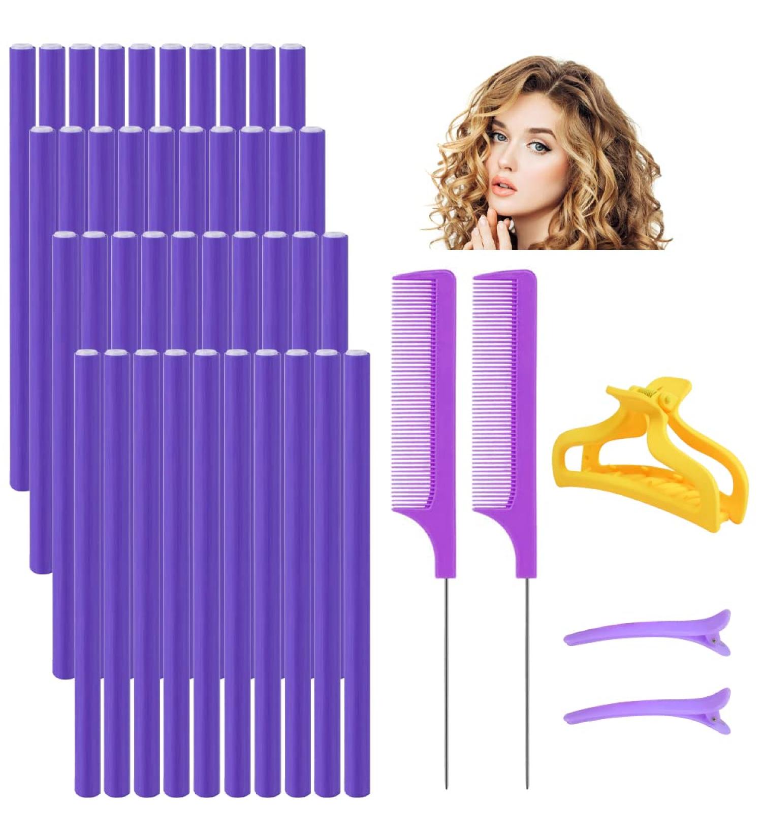 Qinersaw 40pcs Papilotten Curlers - Heatless Flexible Hair Rollers for Women & Girls | Includes 2 Combs & 3 Clips - Black & Purple - Buy Online on GoSupps.com