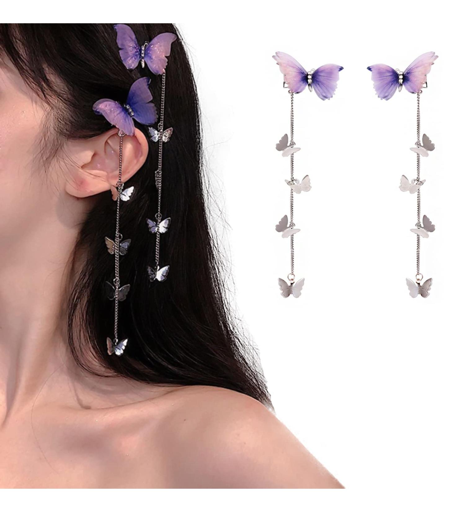 Wufawutian Butterfly Hair Pin - 1 Pair Purple Hanging Ear Styling Clip for Girls | Hair Accessory - Buy Online on GoSupps.com