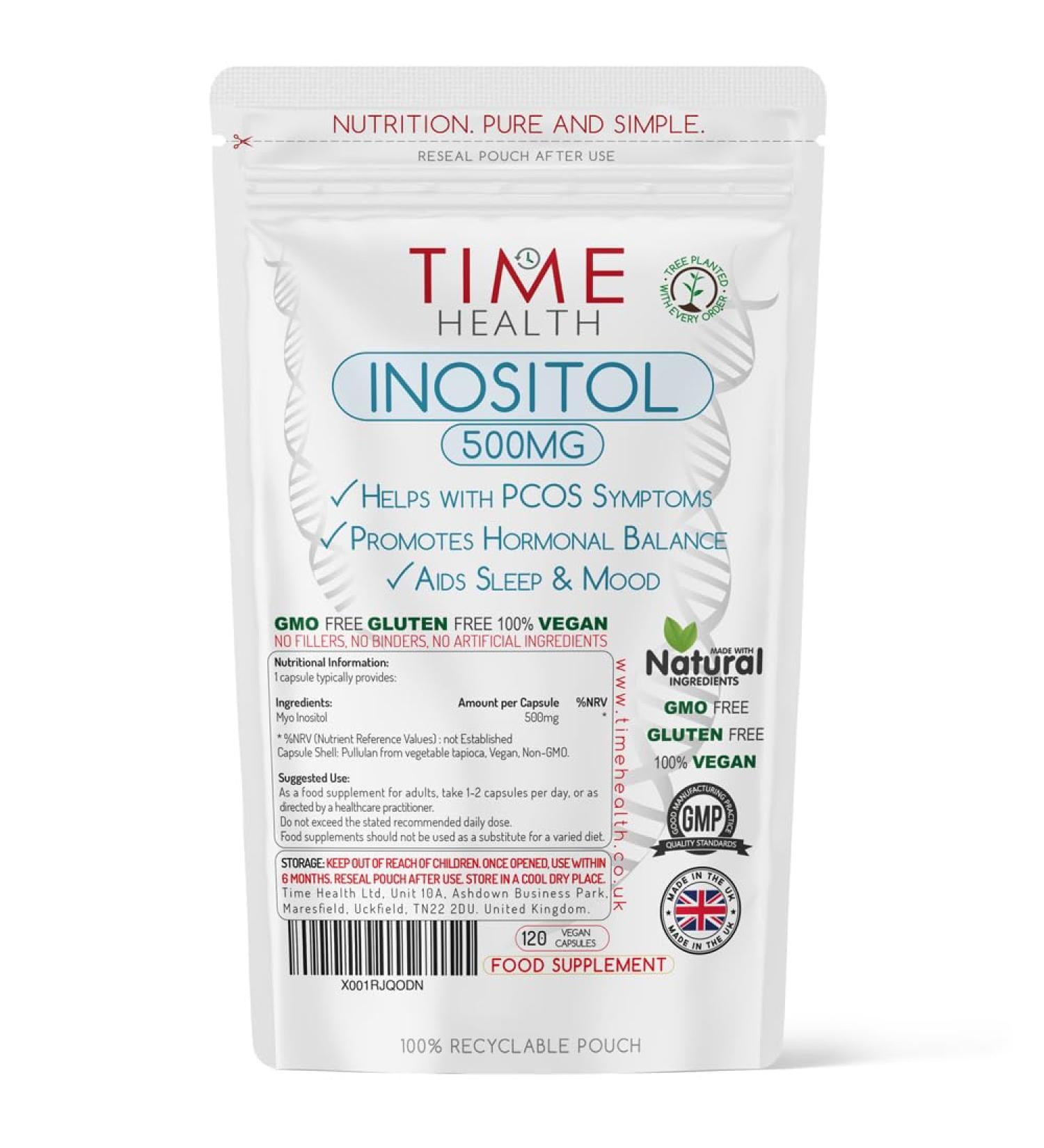 Inositol - 500mg x 120 Capsules - PCOS Liver Sleep & Mood Support - Pure Myo Inositol - UK Made Supplement - GMP Standards - Zero Additives