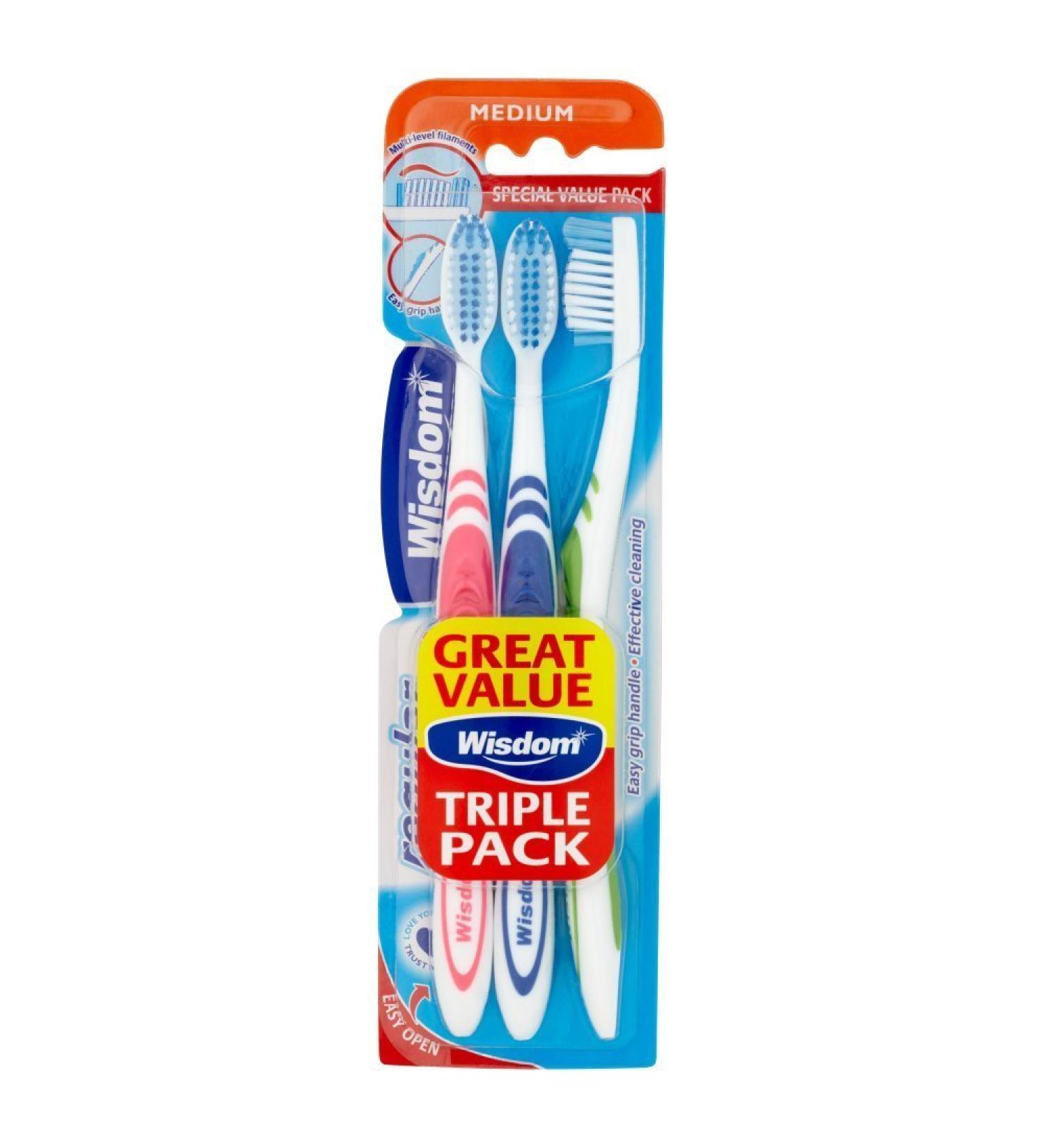 Wisdom Regular Plus Medium Toothbrushes - Triple Pack