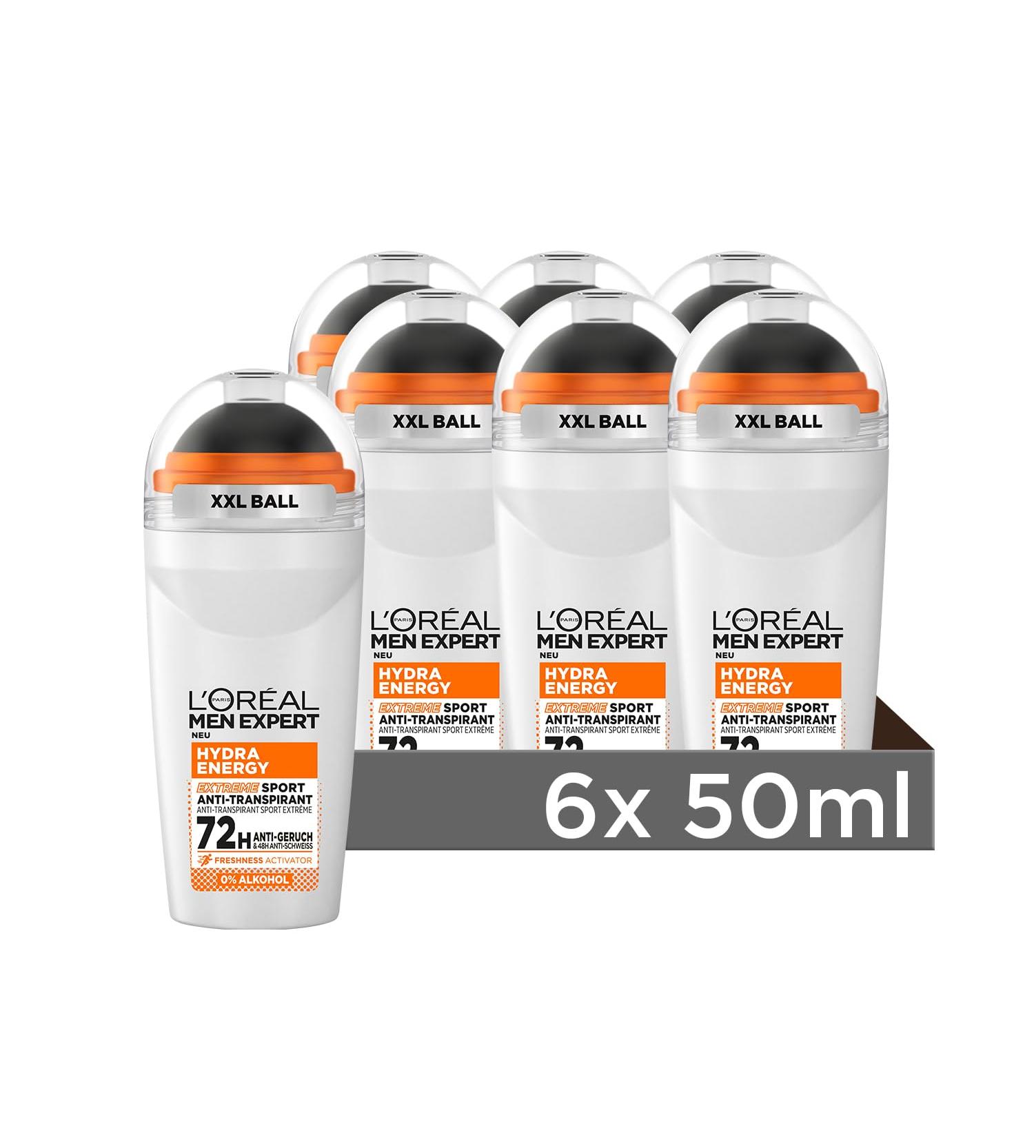 L'Or al Men Expert 72H Roll-on Deodorant for Men Anti-Perspiration Refreshing Effect Alcohol-Free Hydra Energy Extreme Sport 6 x 50 ml
