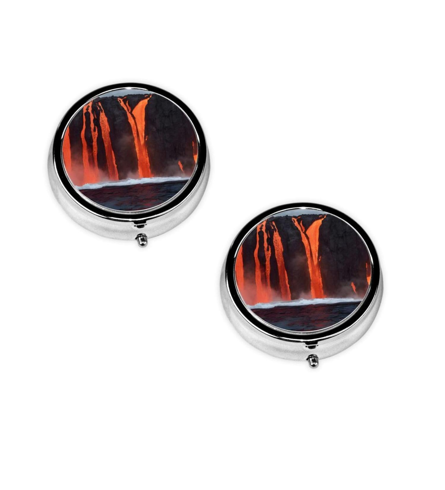 Kilauea Volcano Round Pill Box - 3 Compartment Mini Decorative Travel Organizer for Vitamins & Medicine | Portable Black Pill Case - Buy Online on GoSupps.com