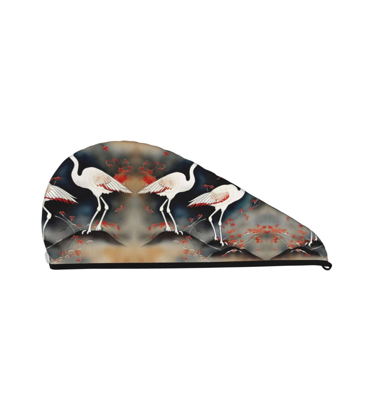Japanese Cranes Flying Coral Velvet Dry Hair Cap | Ideal for Home Travel & Pool Parties - Buy Online on GoSupps.com
