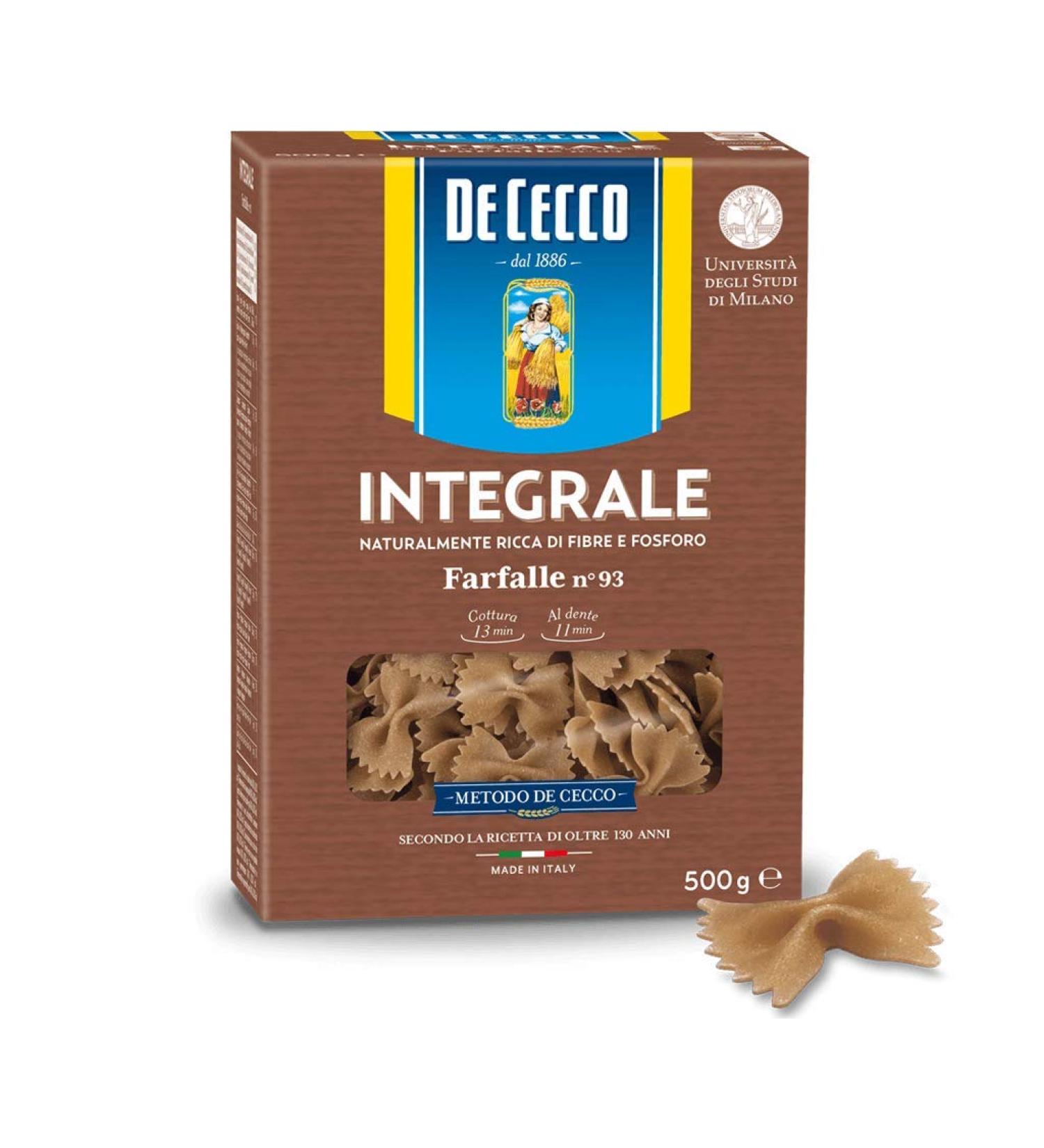De Cecco Cecco Farfalle Integrali Pasta 93 Italian Full-Grain 500g Pack of 10