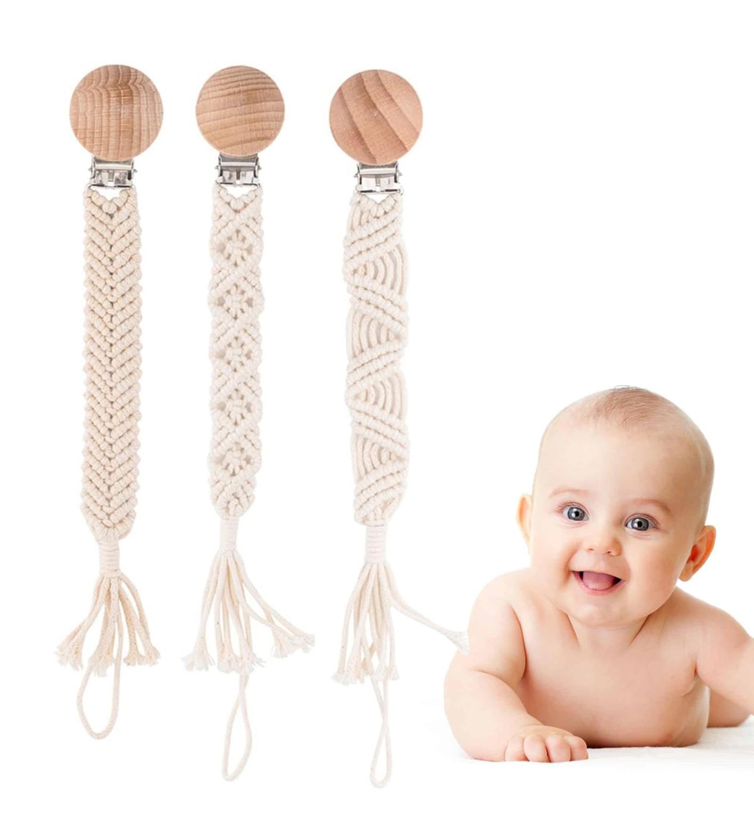 IOSPKKIO 3-Piece Pacifier Clip Set for Boys & Girls - Handmade Braided Cotton Holders with Wooden Clips - Beige Baby Shower Gift - Buy Online on GoSupps.com