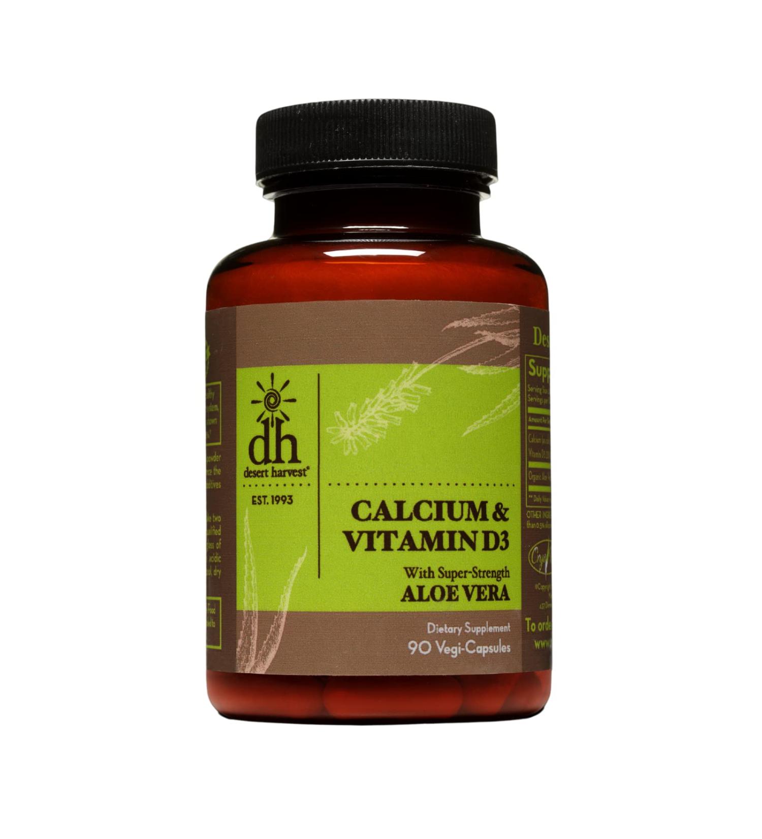 Desert Harvest Calcium Carbonate 250mg + Vitamin D3 100 IU with Aloe Vera | 90 Capsules - Buy Online on GoSupps.com