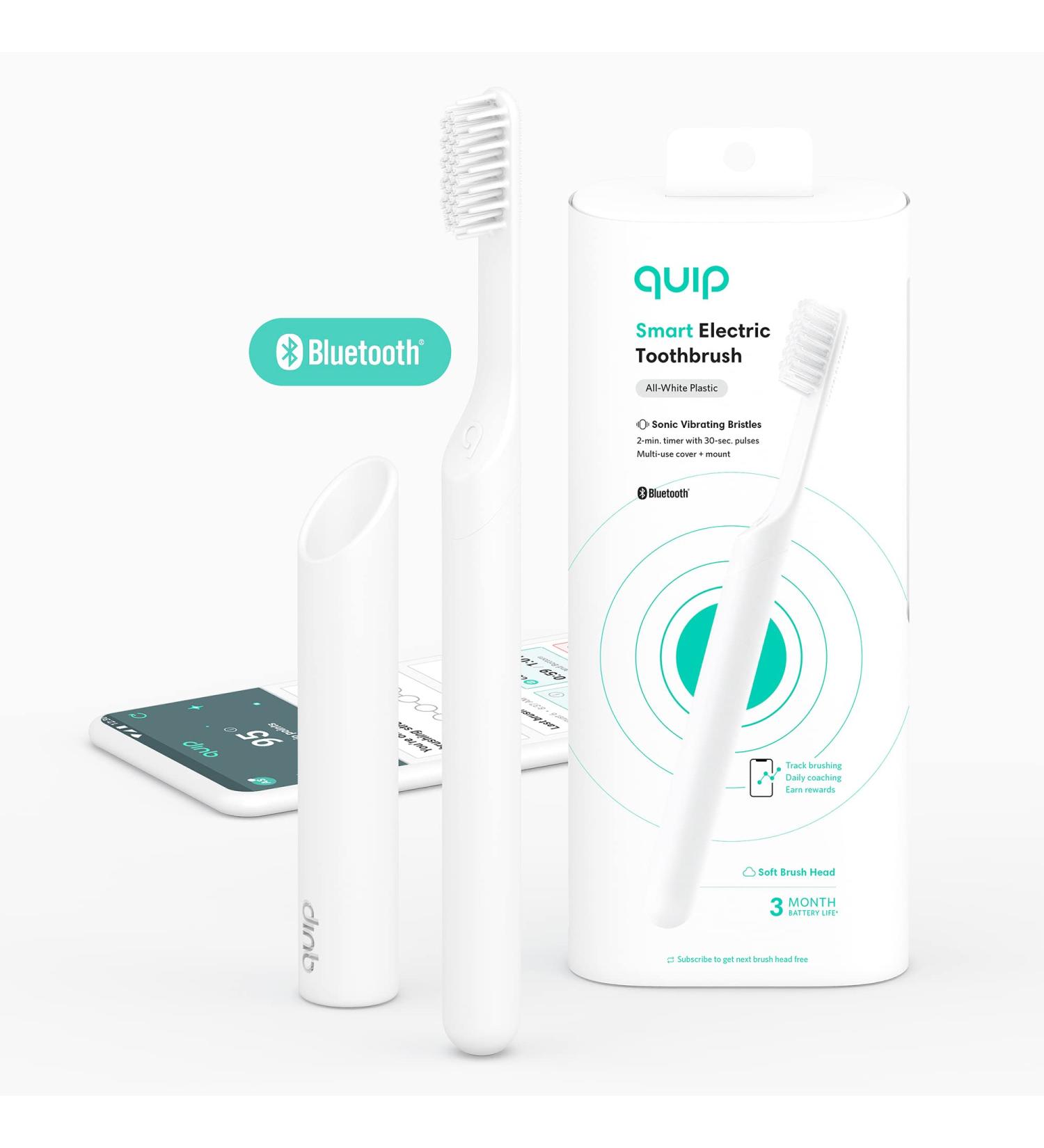 Quip Adult Smart Electric Toothbrush with Bluetooth & Rewards App - Soft Bristles, Timer, Travel Cover & Mirror Mount - All-White - Buy Online on GoSupps.com