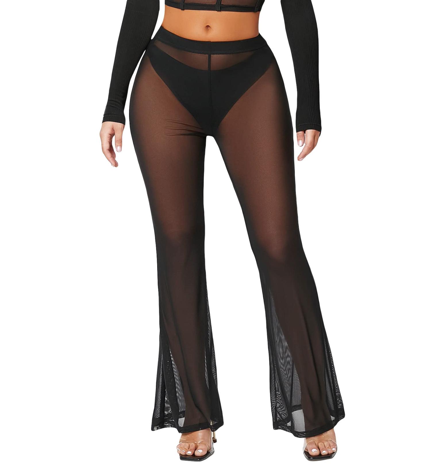 Verdusa Women's Sheer Mesh Elastic Waist Bell Bottom Trousers, X-Large Black - Buy Online on GoSupps.com