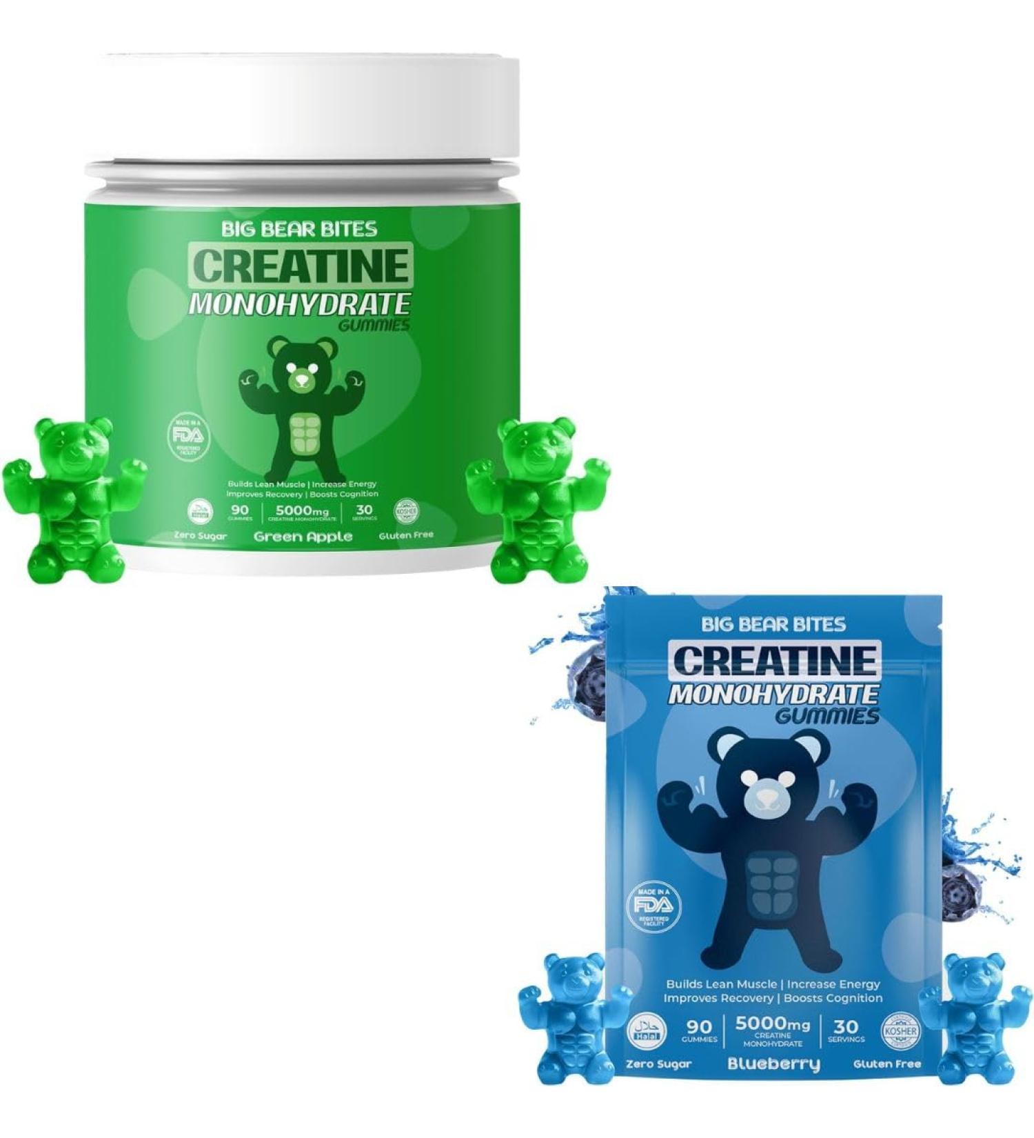 Creatine Monohydrate Gummies Pouch & Bottle Bundle for Men & Women | 5000mg of Creatine Gummie Per Serving | Zero Sugar Gluten Free & Halal | Pack of 90 | Blueberry & Green Apple Flavour - Buy Online on GoSupps.com