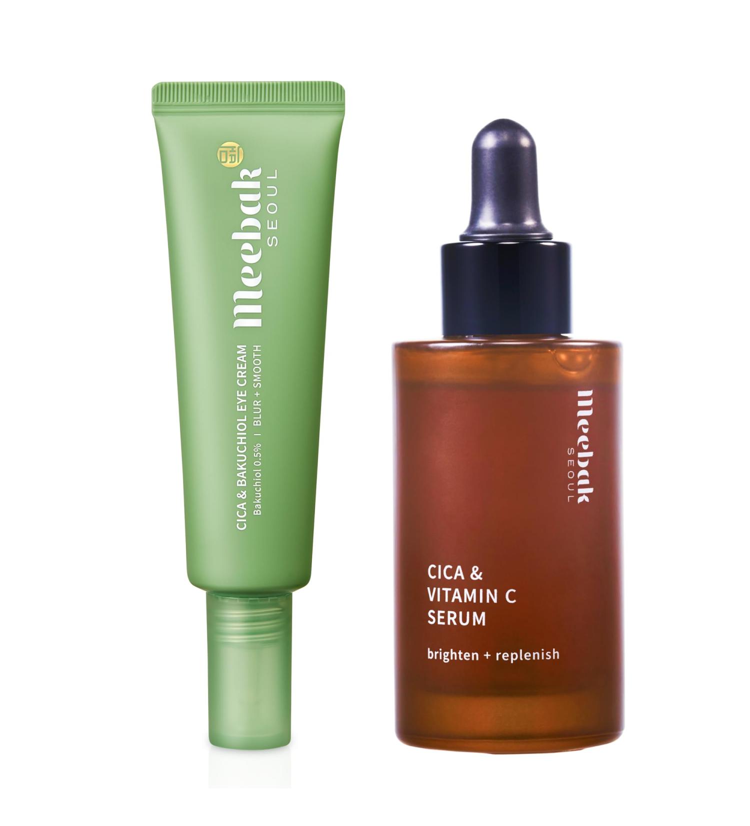 Meebak Cica & Vitamin C Serum and Cica & Bakuchiol Eye Cream Korean Skincare Bundle