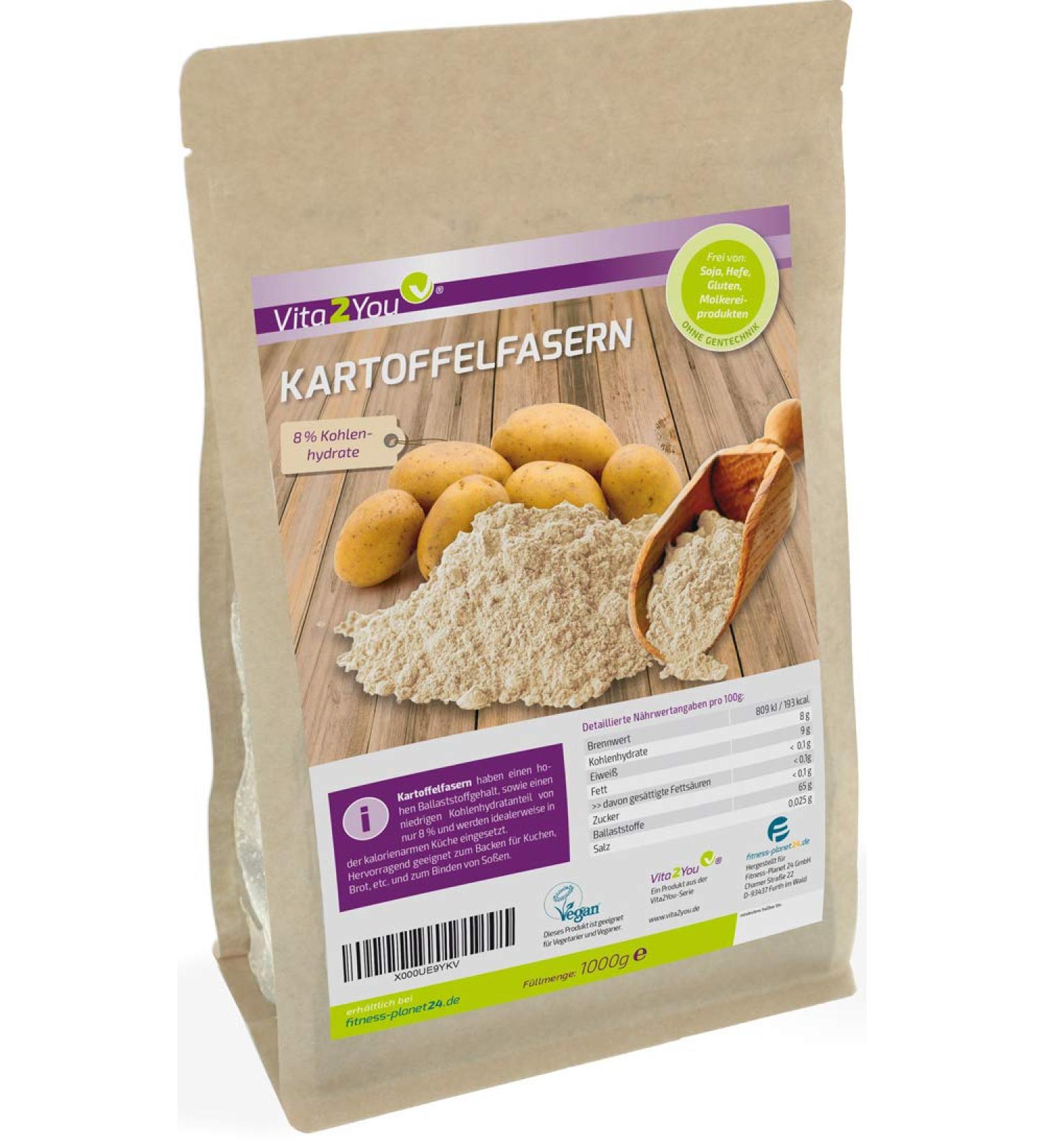 Vita2You potato fiber 1000g - Only 8% carbohydrates - Potato flour - Gluten free - Zip bag - Premium quality from Germany
