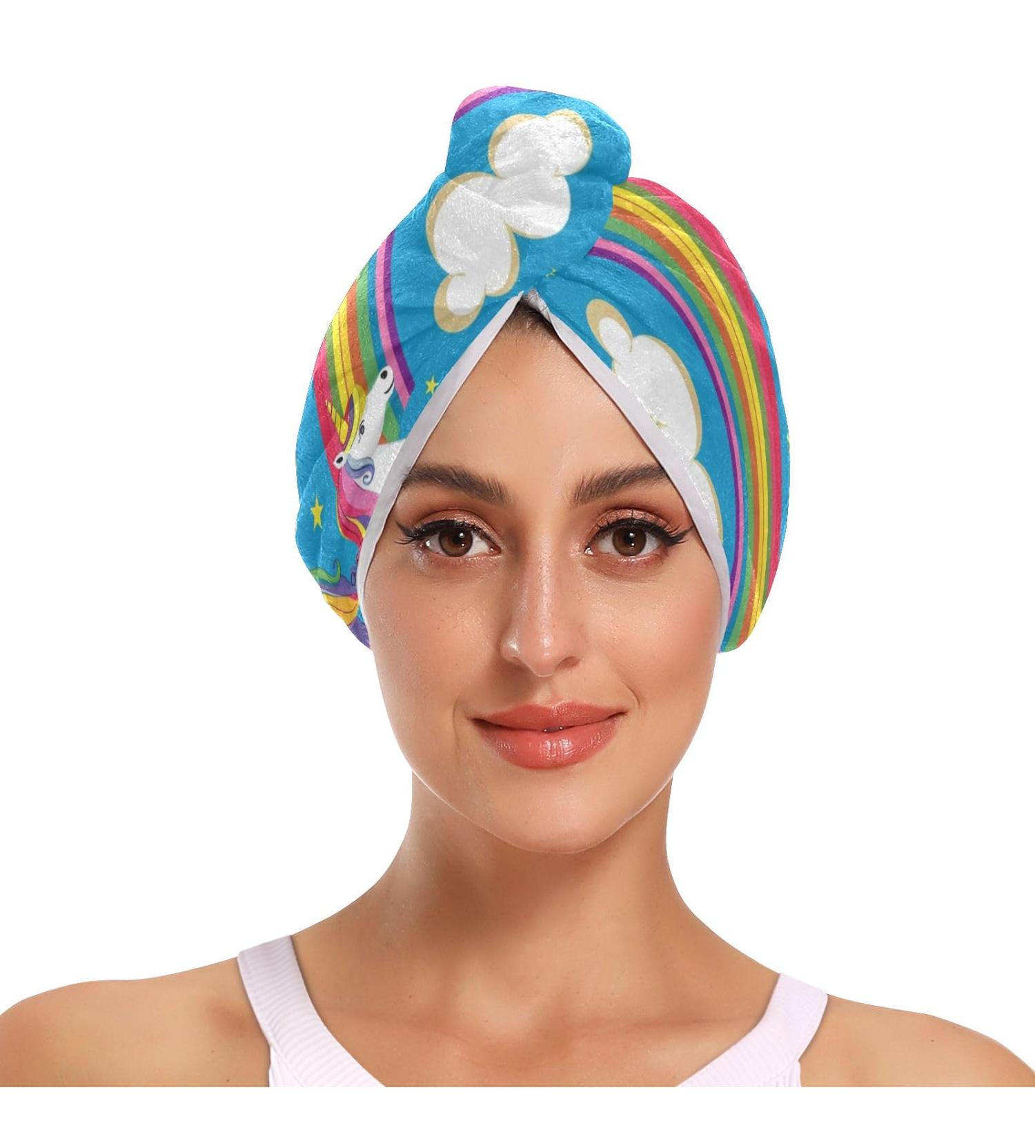 Unicorn & Rainbow Blue Hair Towel 2 Pack - Super Absorbent Quick Dry Hair Turbans for Women & Girls - Buy Online on GoSupps.com