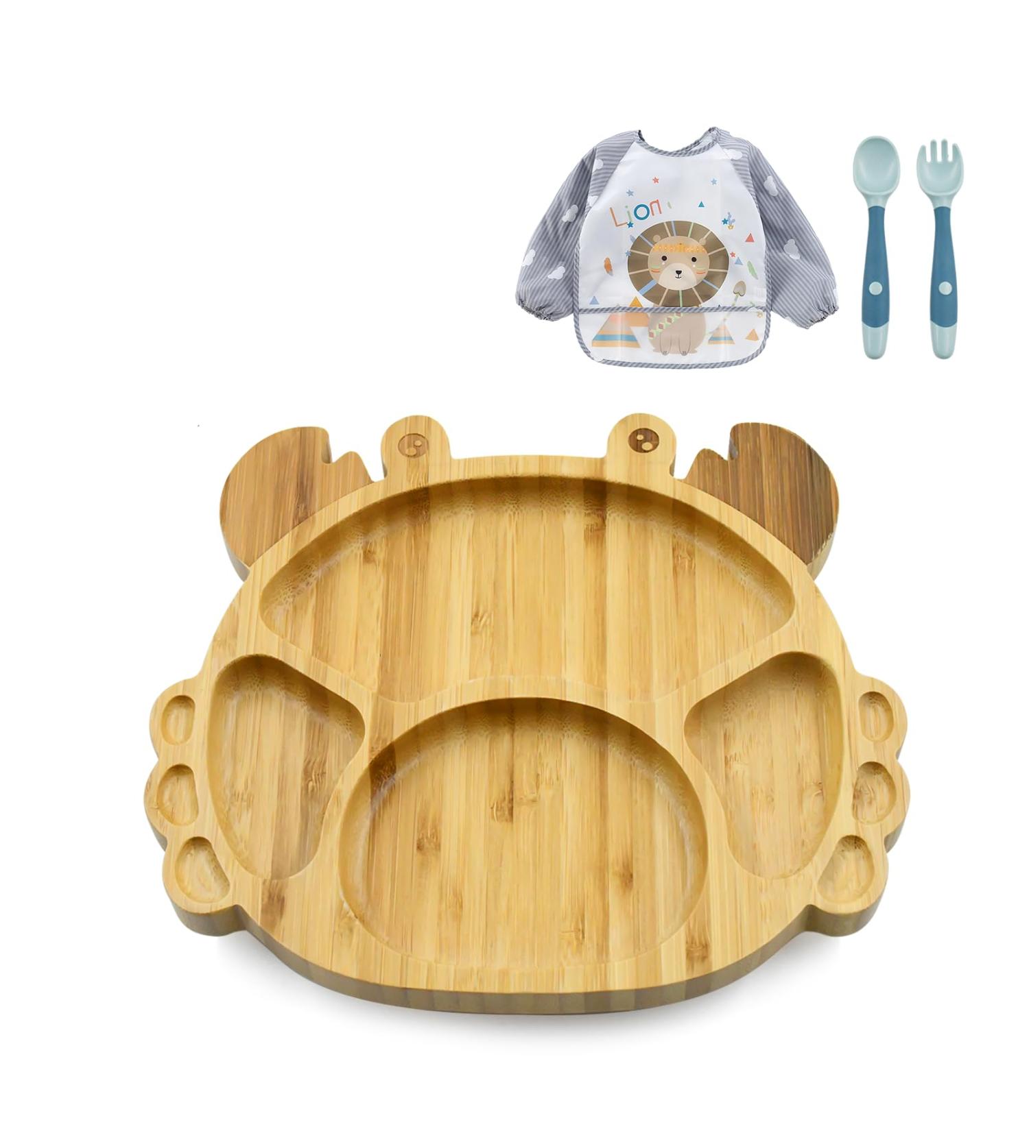 Bamboo Baby Plate with Suction Cup | Cartoon Toddler Plate Set - Ideal for Kids | Eco-Friendly Bamboo + Silicone Spoon & Fork | 20x18x3.5cm - Buy Online on GoSupps.com